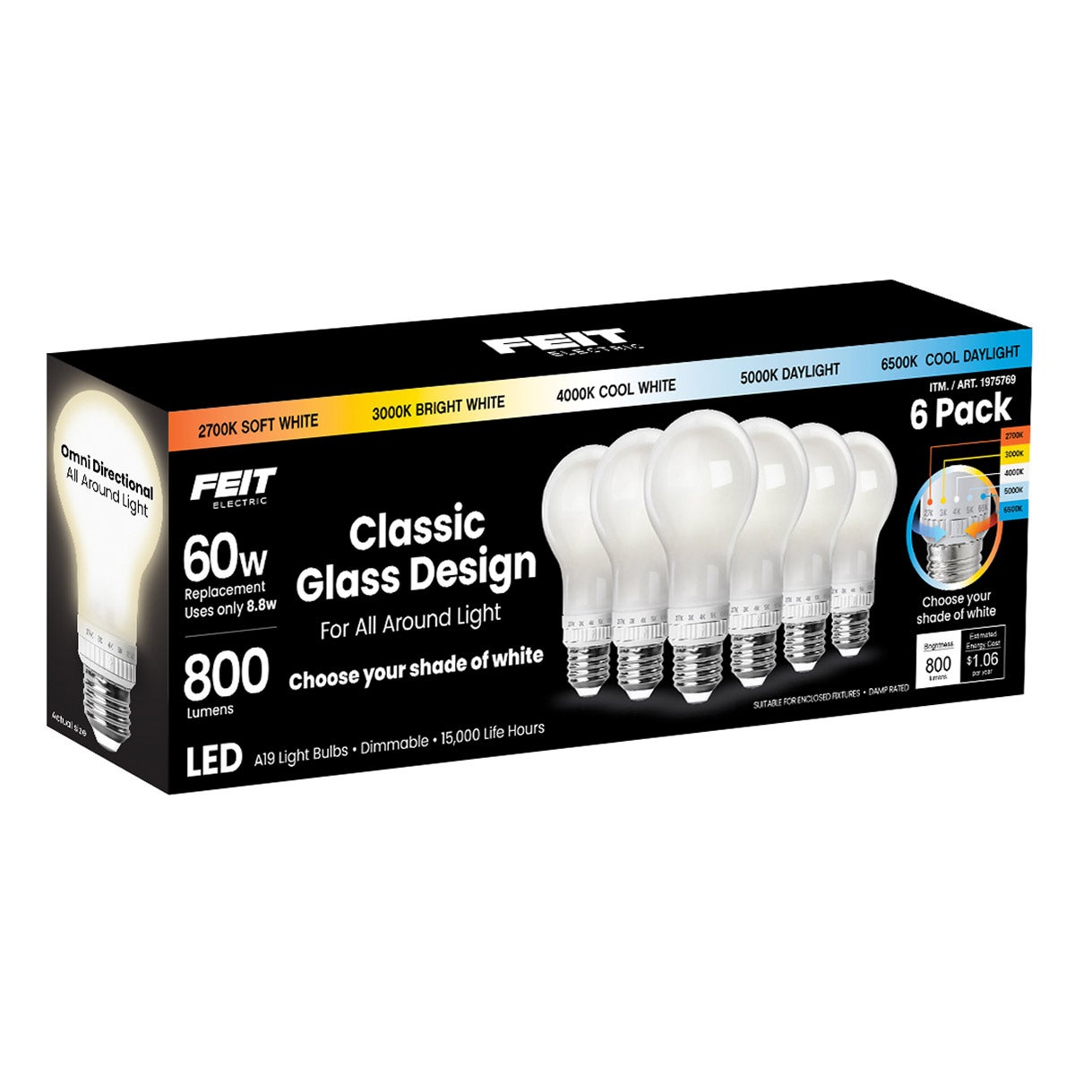 Feit Electric 60W 5-CCT Omni Glass LED Light Bulb 6 Pack