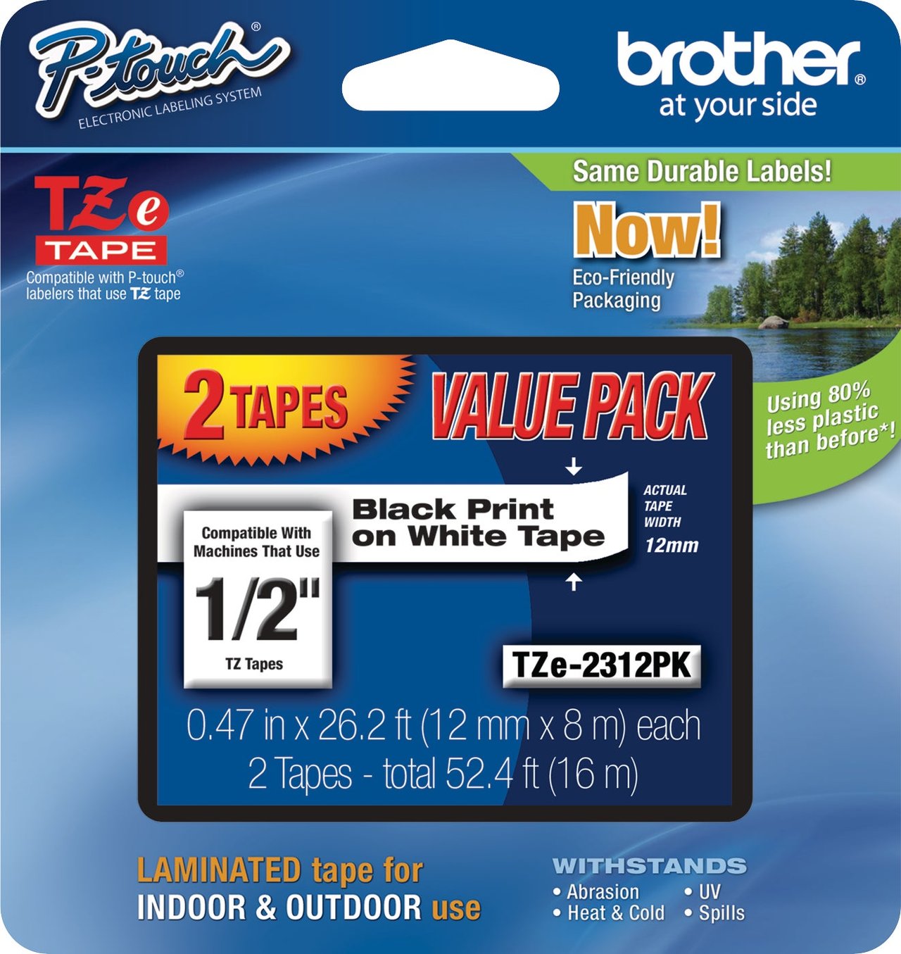Brother P-Touch TZe-2312PK 1/2" Black on White Laminated Label Tape, 2-Pack
