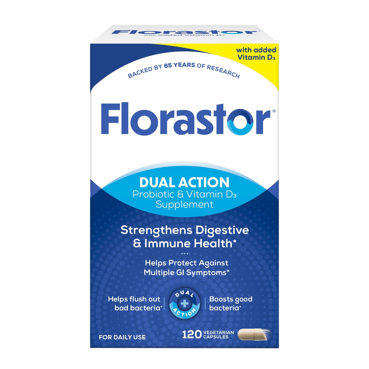 FLORASTOR PROBIOTIC PLUS VITAMIN D3 120 CAPSULES - Image 1