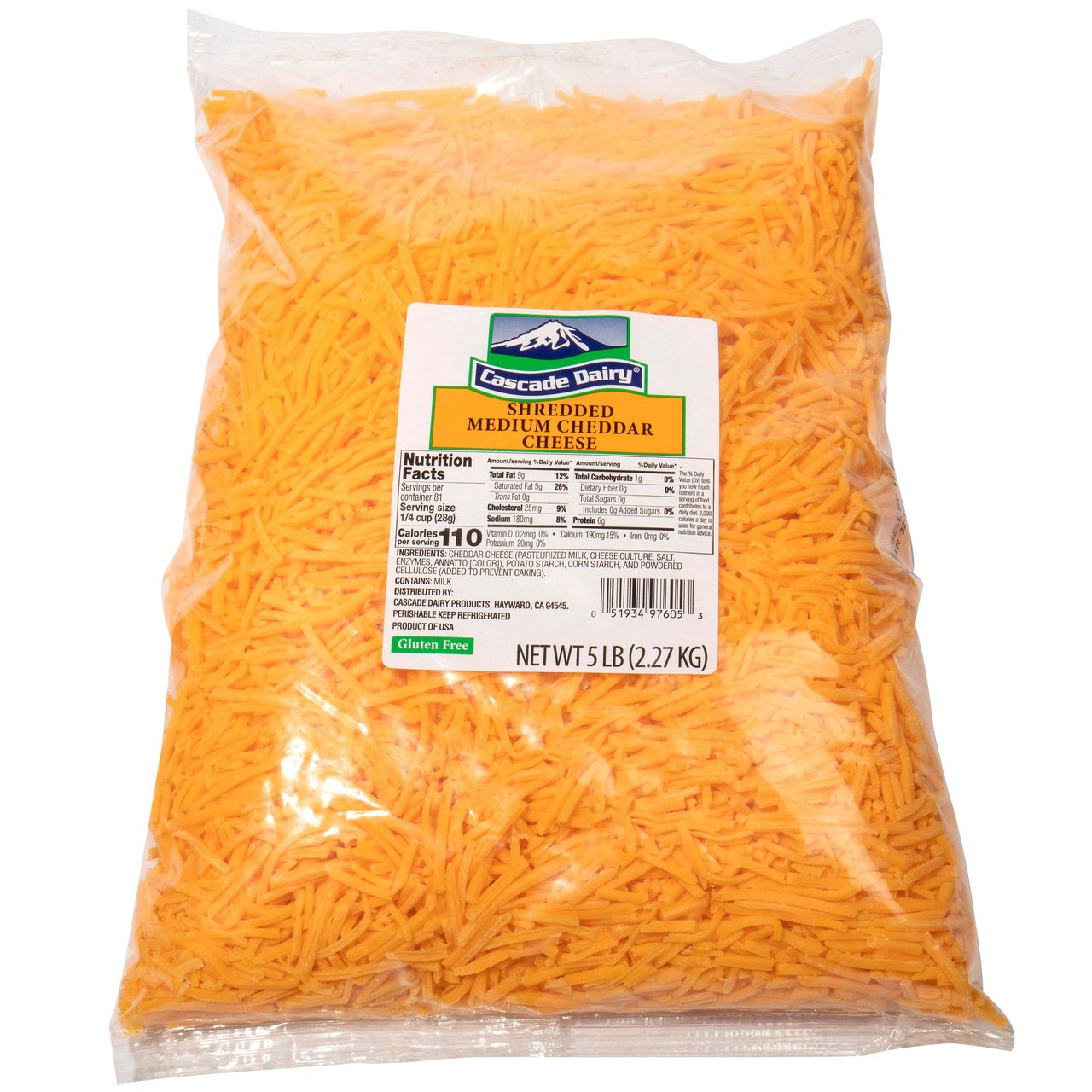 Cascade Dairy Shredded Medium Cheddar Cheese, 5 lbs - Image 1