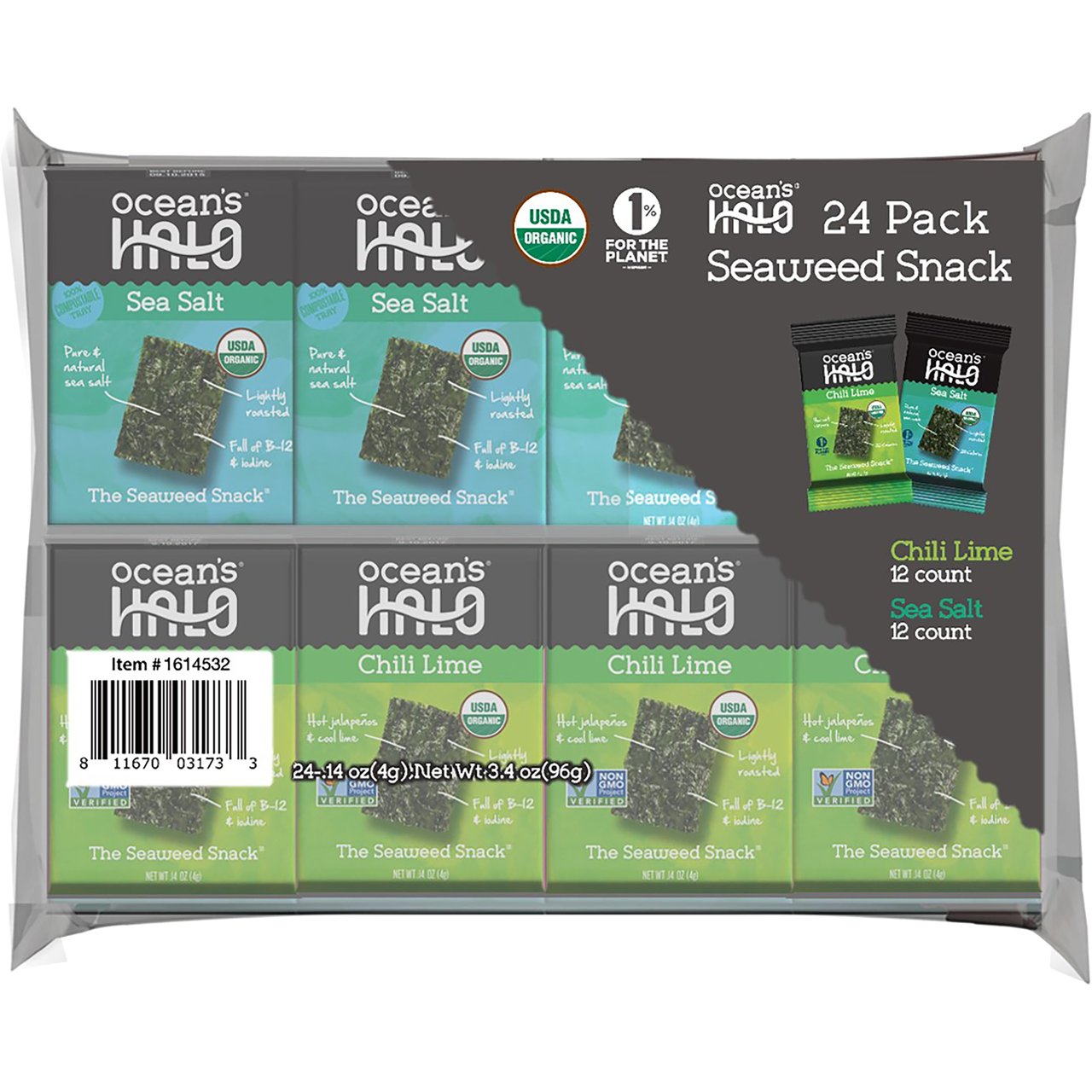 Ocean's Halo Organic Seaweed Snack Variety Pack, Chili Lime & Soy Sauce, 0.14 oz, 24-Count