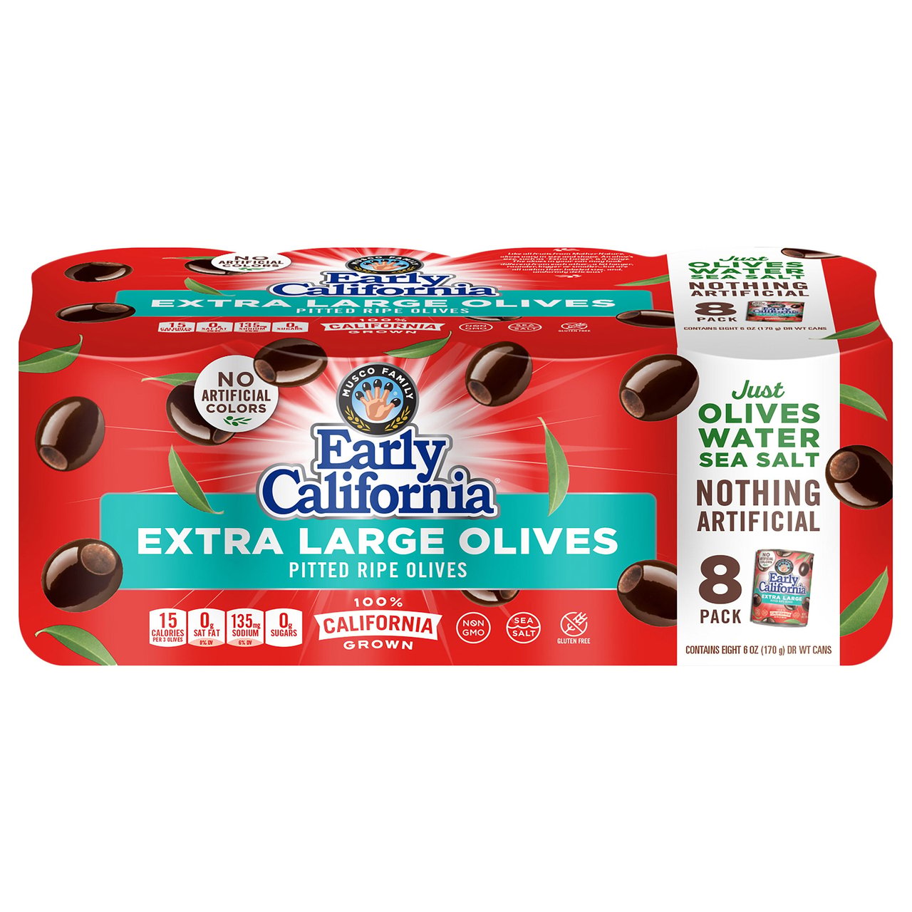 Early California Extra Large Pitted Black Olives, 8 Pack, 6 Ounces Each - Image 1
