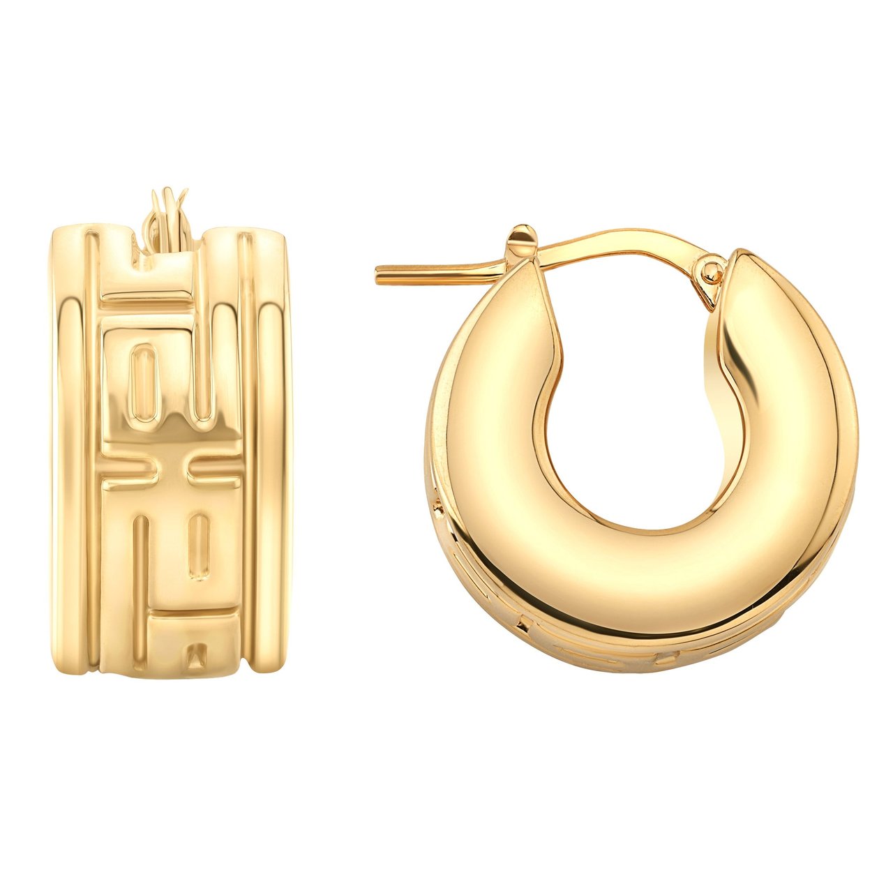 18kt Yellow Gold Greek Key Huggie Hoop Earrings Made in Italy - Image 1