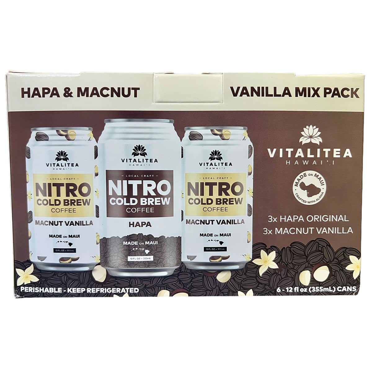 VitalitEA Hawaii Hapa & Mac Nut Vanilla Nitro Cold Brew, 6 x 12 oz Cans - Image 1
