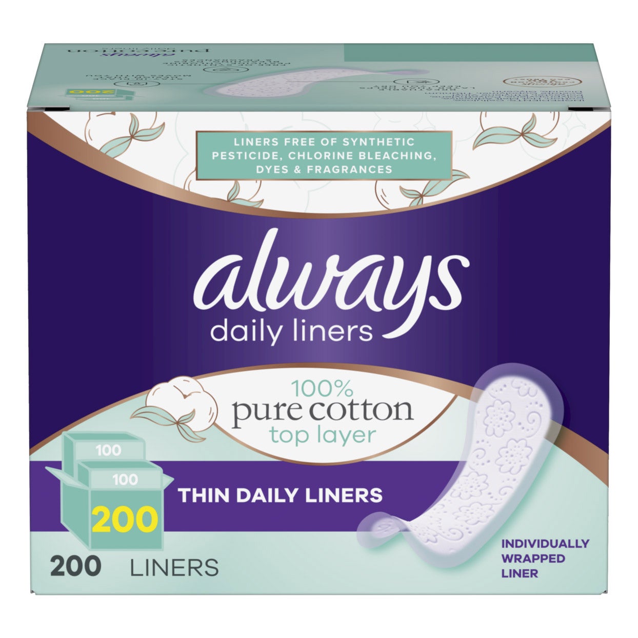 Always Pure Cotton Daily Liners 200 Count
