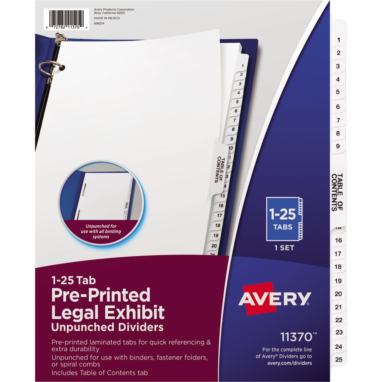 Avery Legal Exhibit Side Dividers, 1-25 & Table of Contents, Letter Size, 6 Sets (AVE11370KT) - Image 1