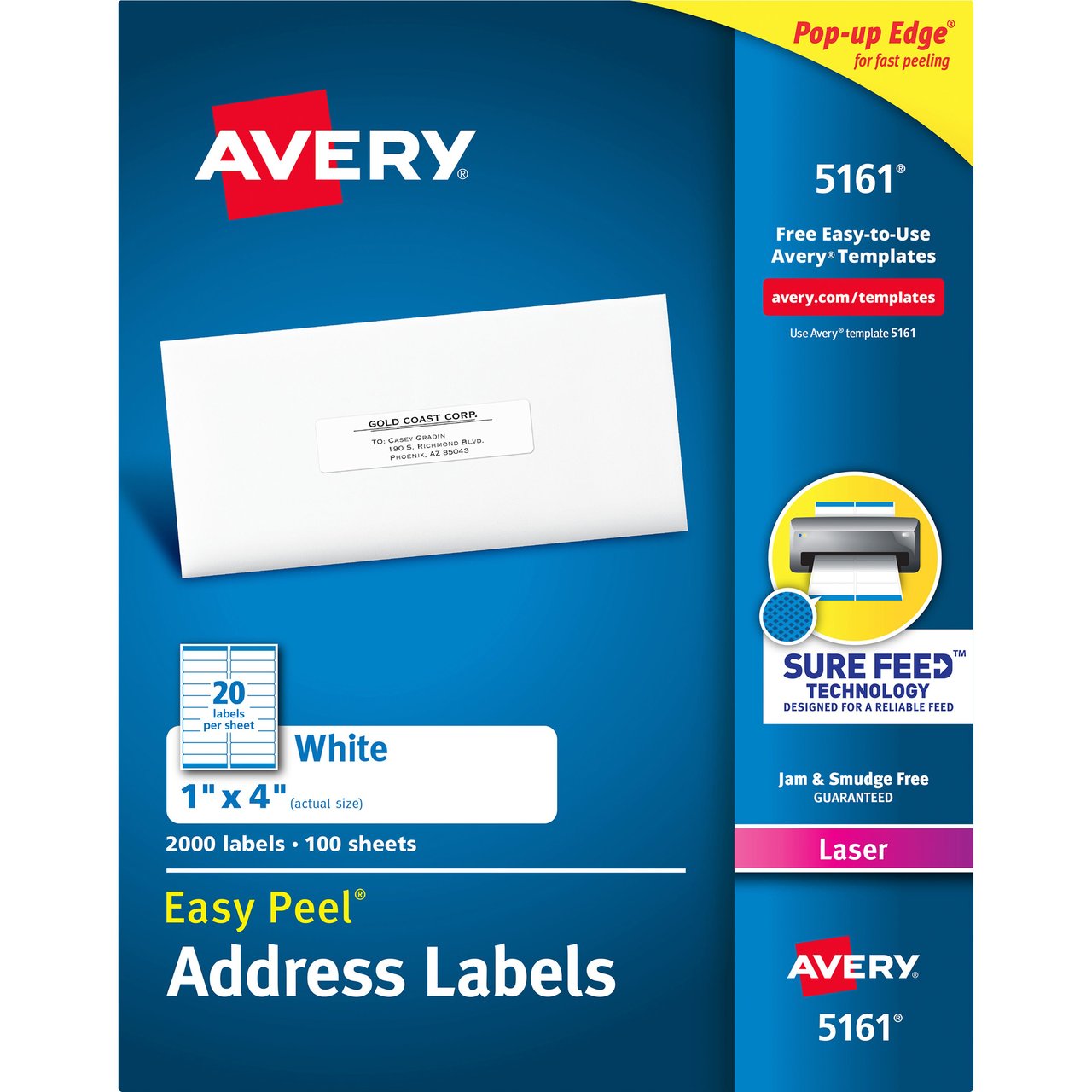 Avery 5161 Laser Labels, 1" x 4", White, 100 Sheets, 2000 Labels - Image 1