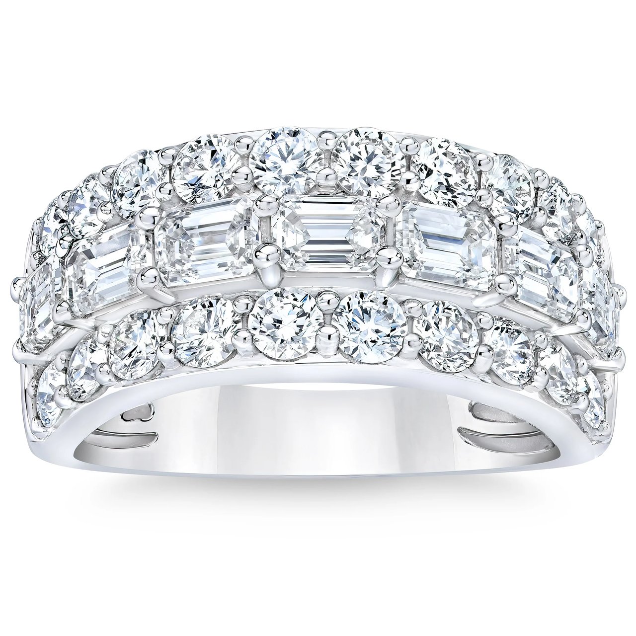 Platinum 3.10 CTW Emerald and Round 3-Row Diamond Band - Image 1