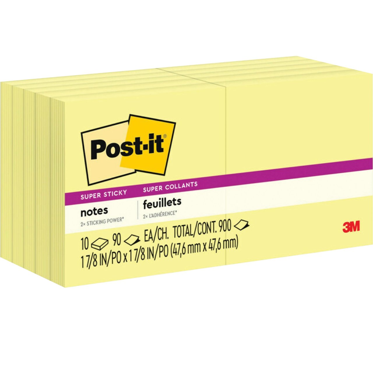 Post-it Super Sticky Note Pads, 2" x 2", Canary Yellow, 90 Sheets, 10-Pack - Image 1