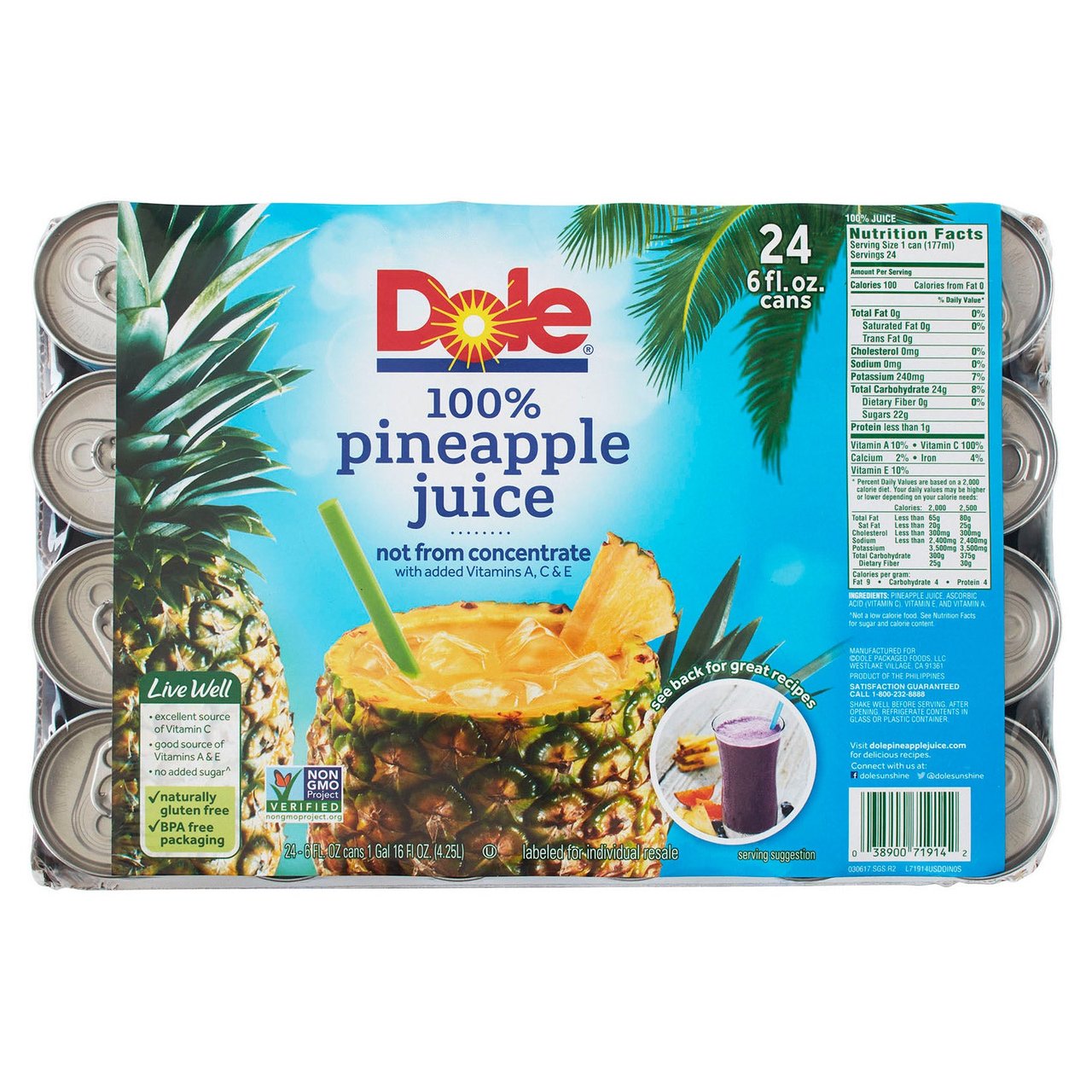 Dole 100% Unsweetened Pineapple Juice, 24-Pack, 6 fl oz Each - Image 1