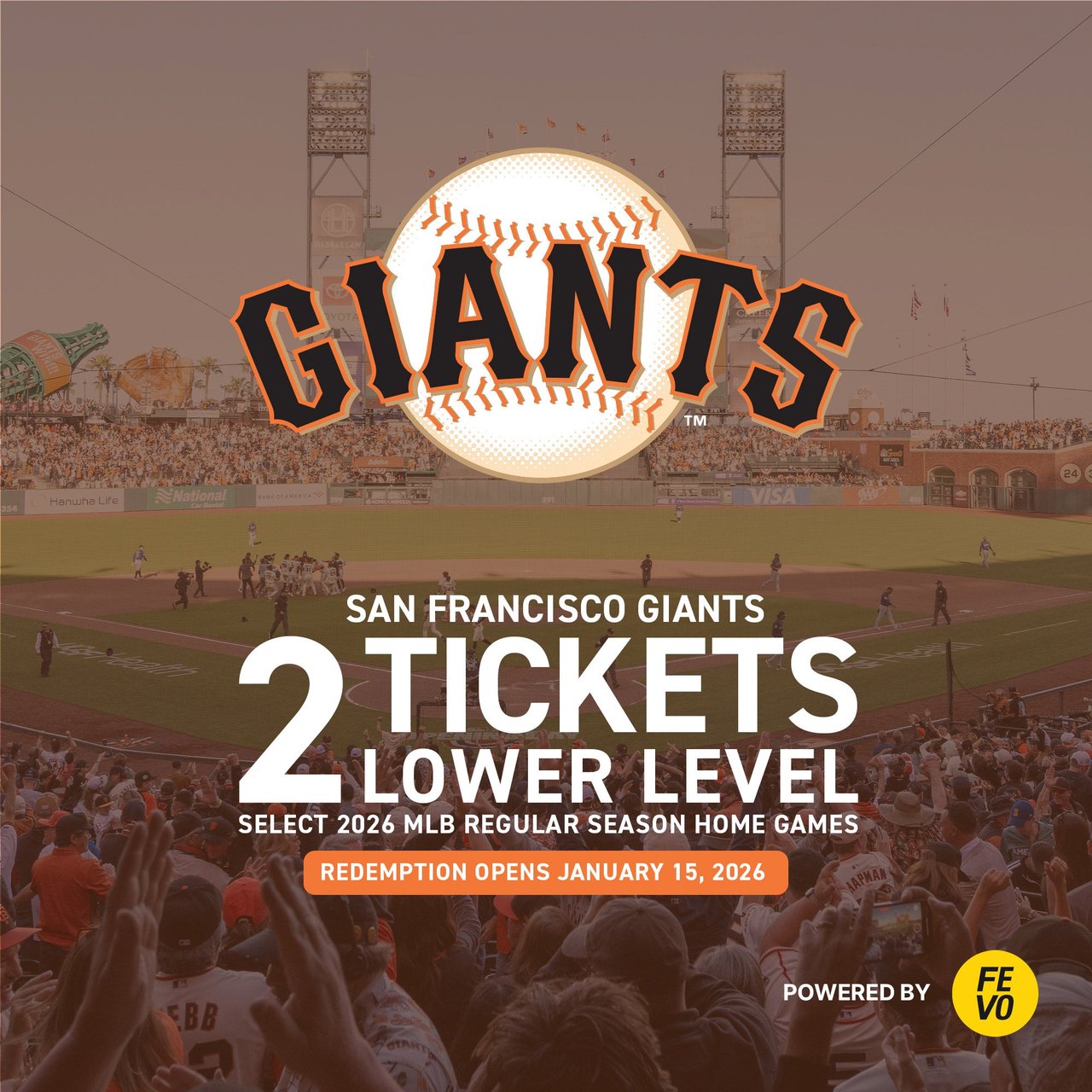 San Francisco Giants 2 Lower Level Tickets - Item is Non-Refundable