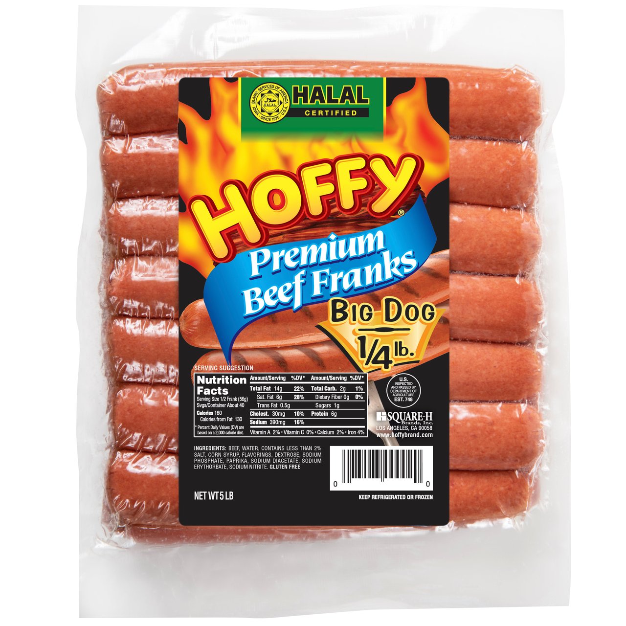 Hoffy Halal Premium Beef Franks, 1/4 lb Big Dog, 5 lbs