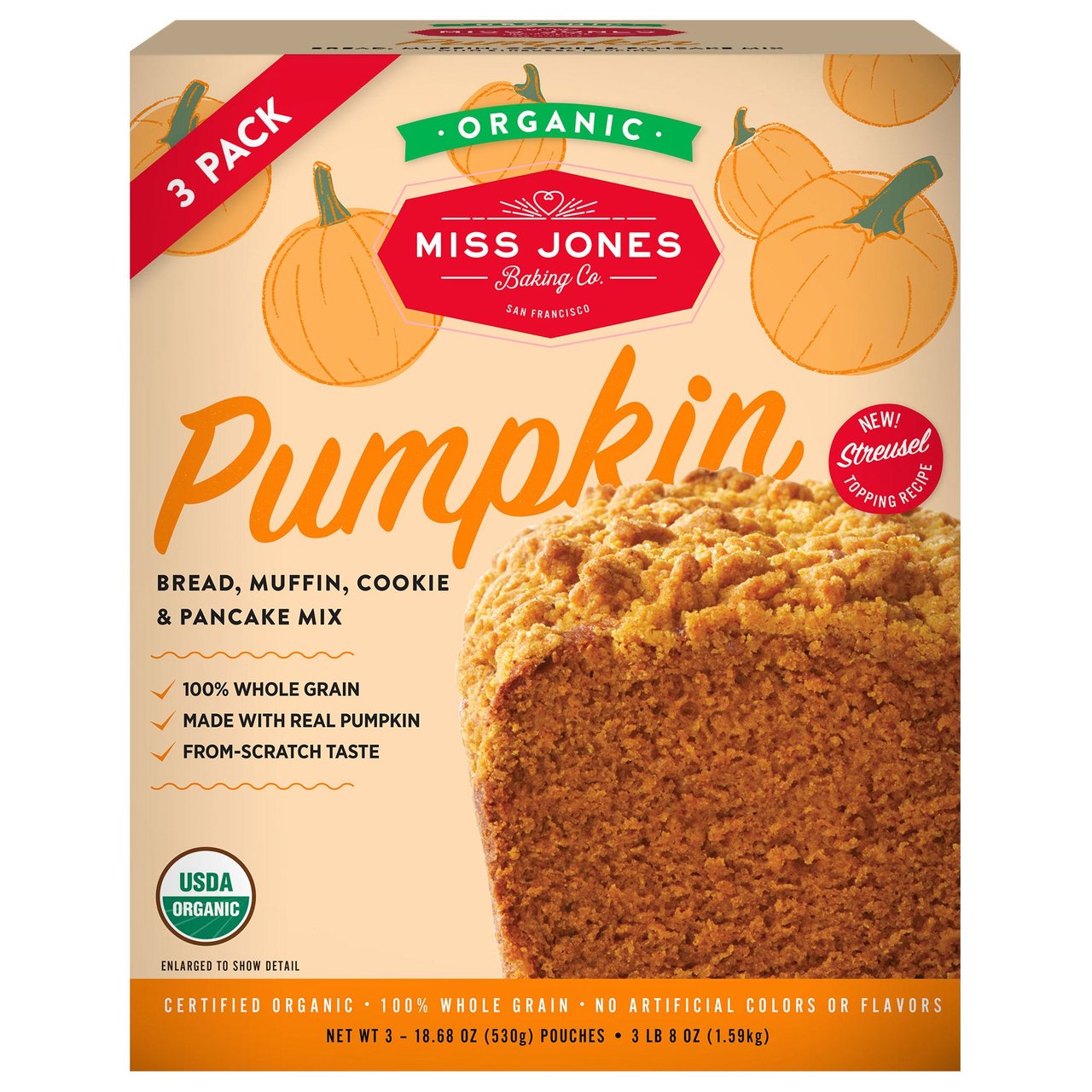 Miss Jones Organic Pumpkin Bread and Muffin Mix, 3/18.6 oz - Image 1