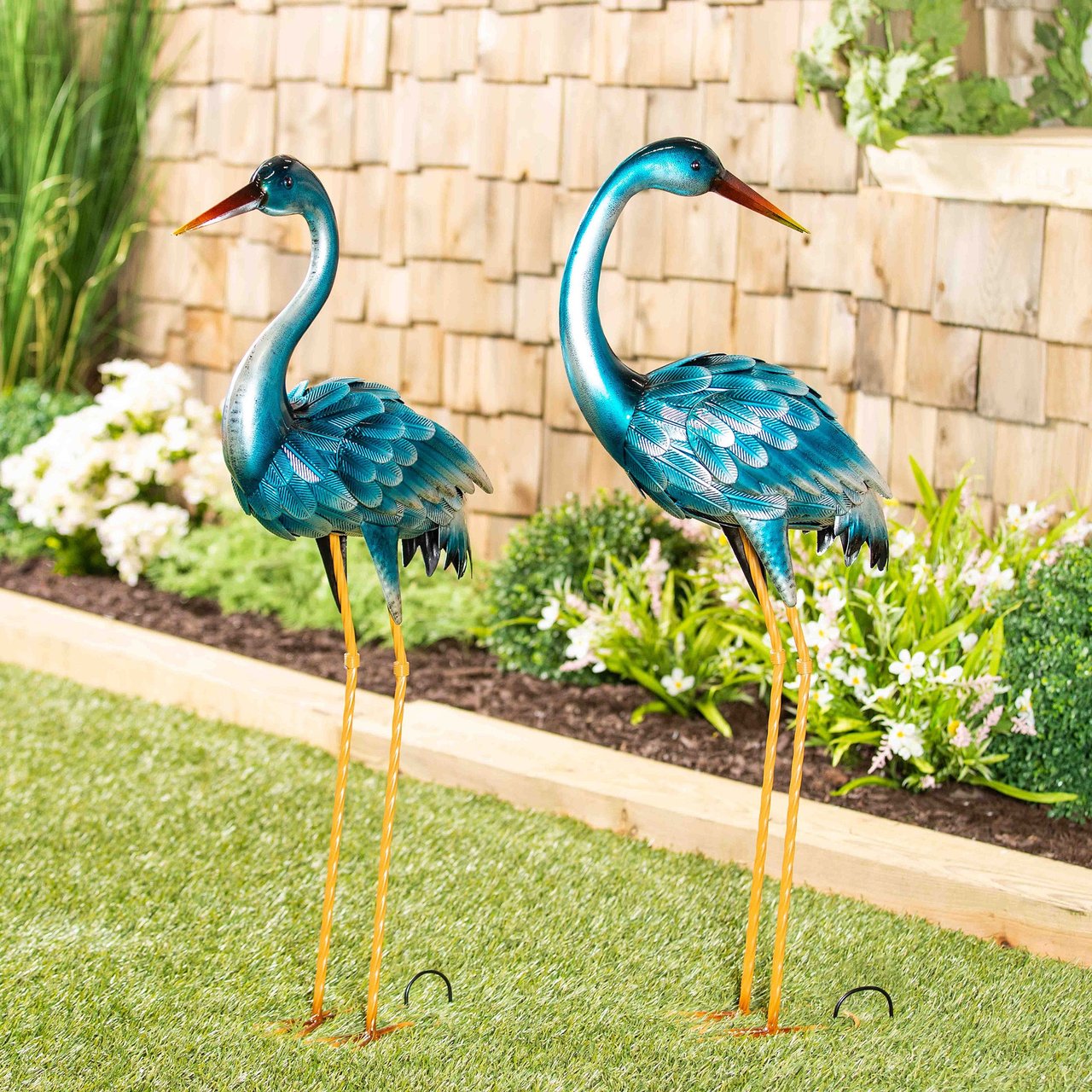 35" Metal Blue Heron Statue Pair - Image 1