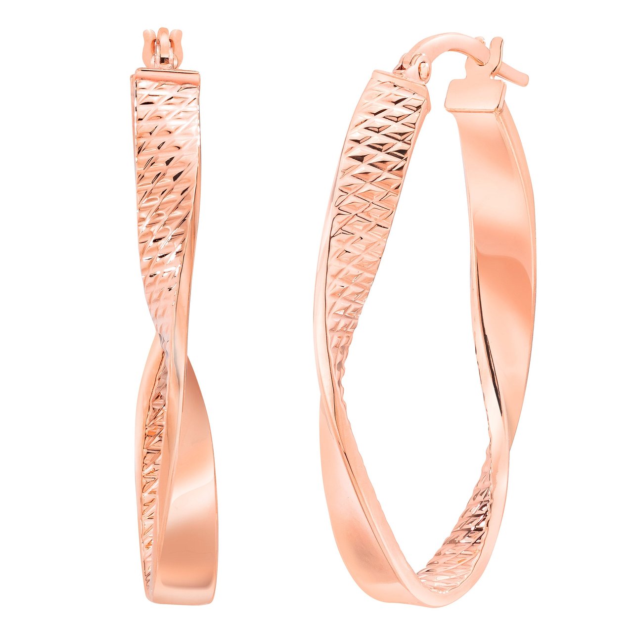14KT Rose Gold Diamond-Cut Twisted Oval Hoop Earrings, Made in Italy - Image 1