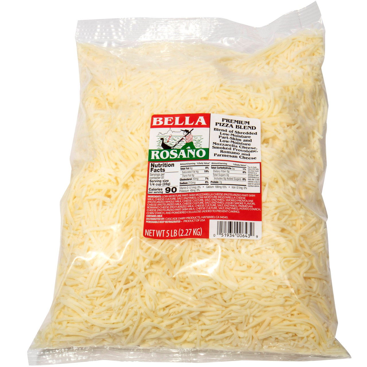 Bella Rosano Shredded Pizza Blend, 5 lbs