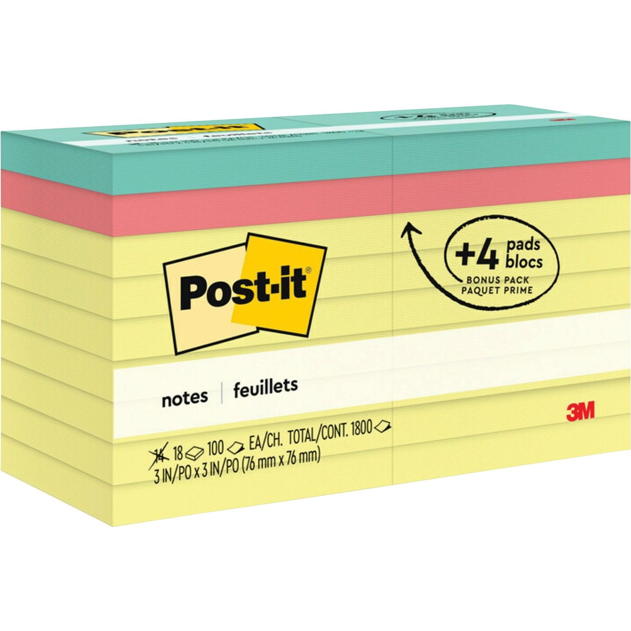 Post-it Notes 3" x 3" Bonus Pack, 18 Pads (MMM654144B) - Image 1