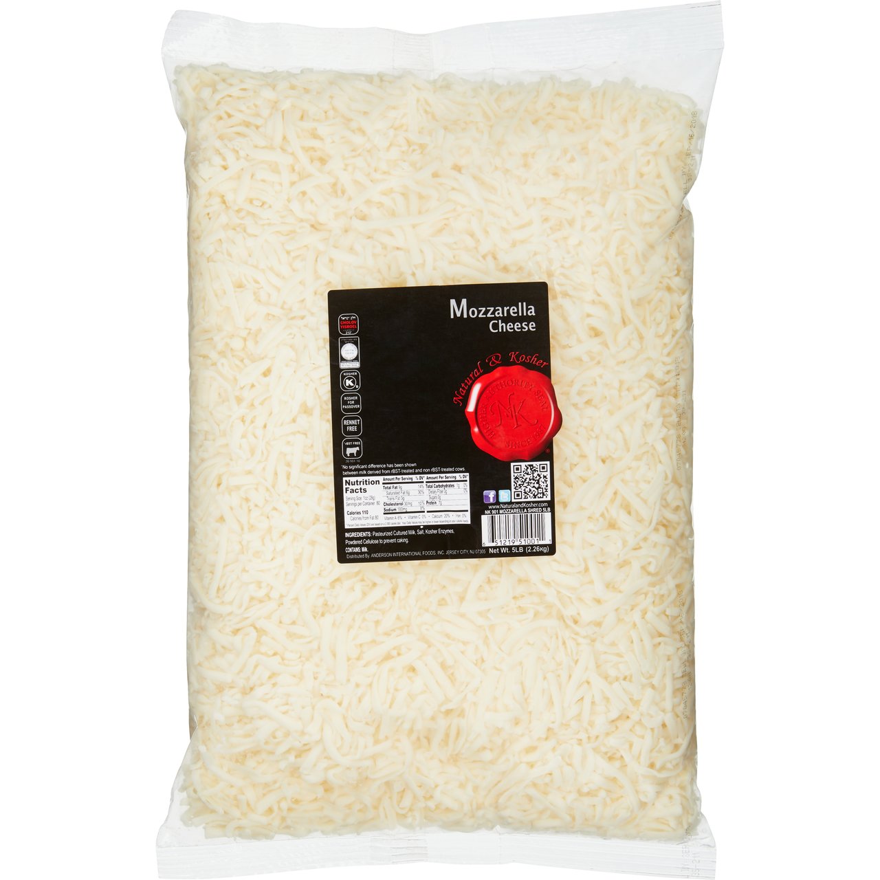 Natural & Kosher Shredded Mozzarella, 5 lbs