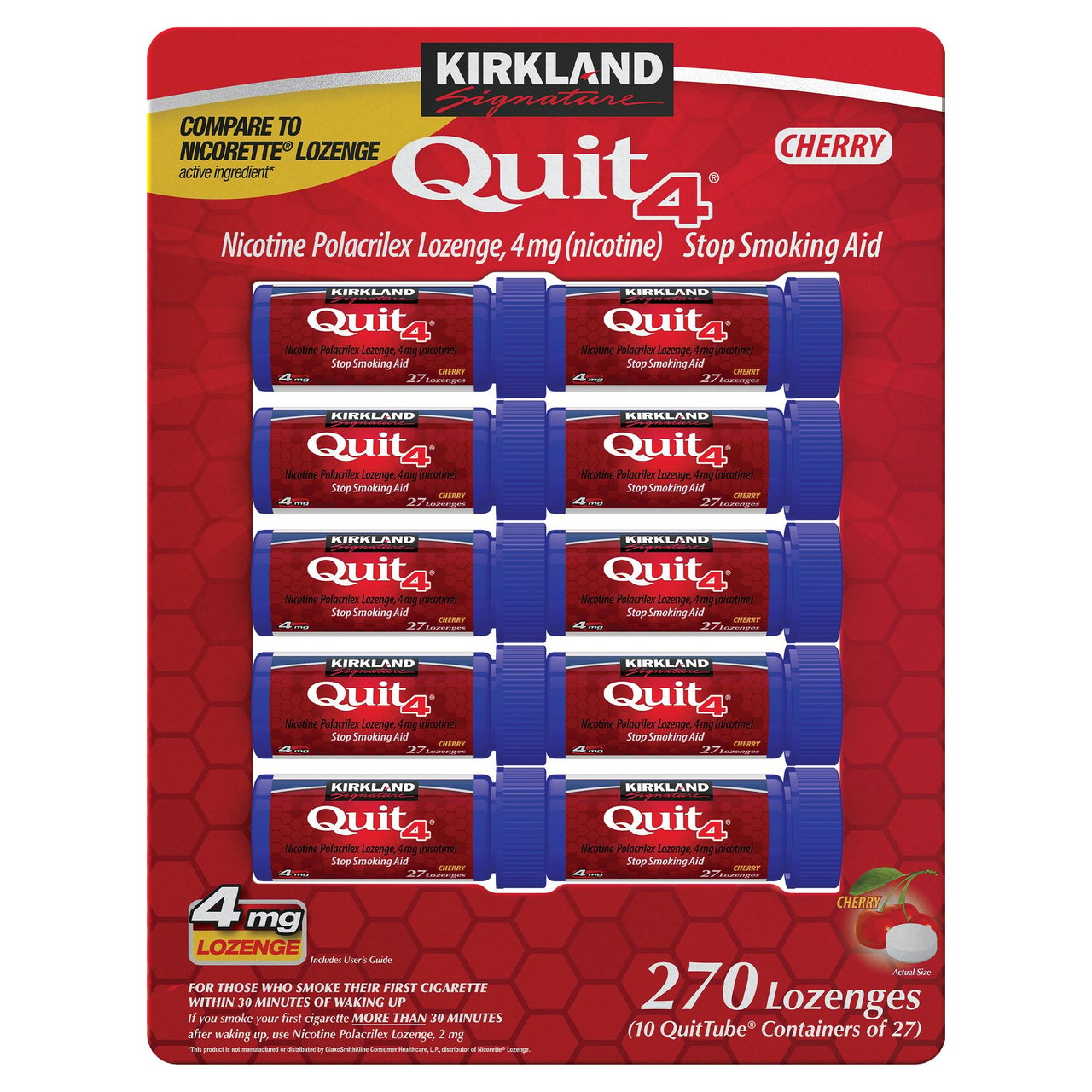Kirkland Signature Quit4 4mg Nicotine Polacrilex Lozenge, Cherry Flavor, 270 Count - Image 1