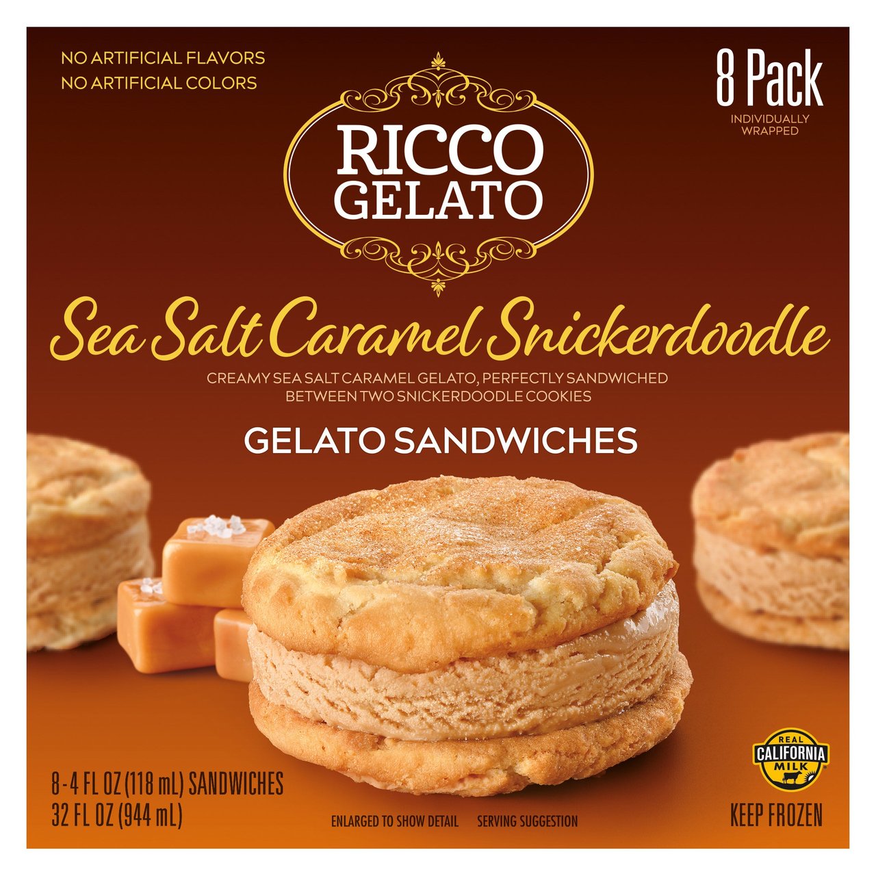 Ricco Gelato Sea Salt Caramel Snickerdoodle Gelato Sandwiches, 8 Count, 4 oz Each - Image 1