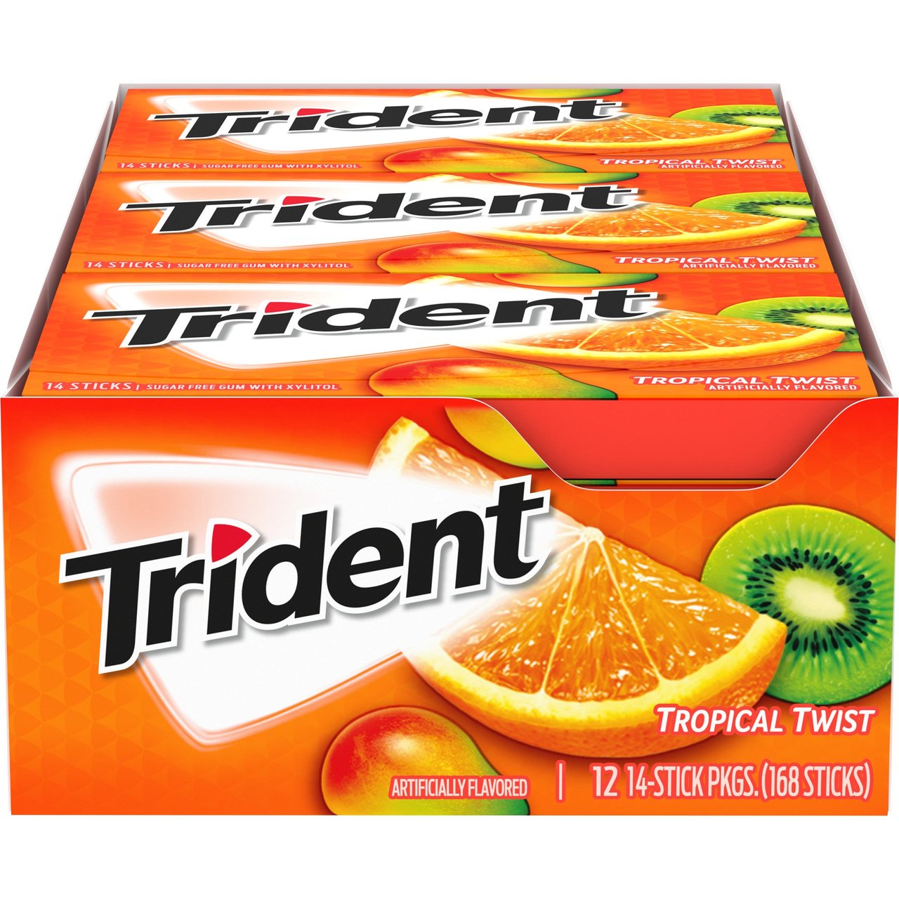 Trident Tropical Twist Sugar Free Gum, 15 Packs of 14 Pieces - Image 1
