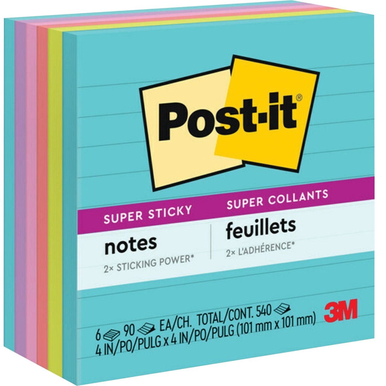 Post-it Super Sticky Lined Notes, 4x4", Miami Collection, 6 Pads, 90 Sheets/Pad - Image 1