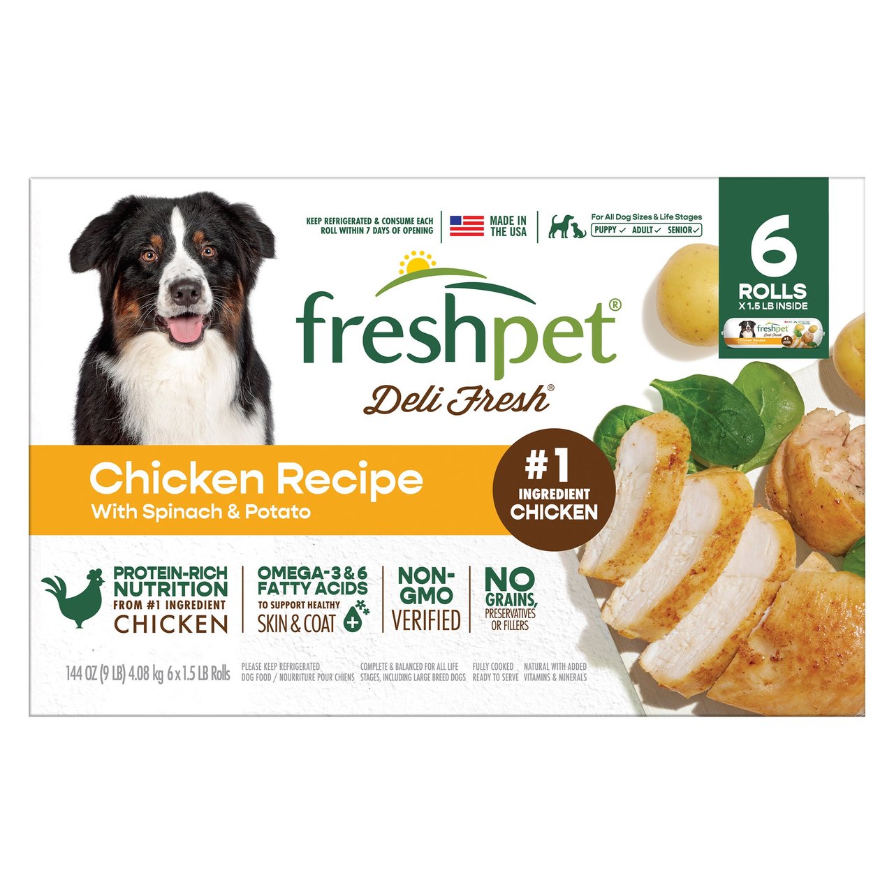 Freshpet Deli Fresh Grain Free Chicken Recipe with Spinach & Potato, 1.5 lbs, 6 Rolls - Image 1