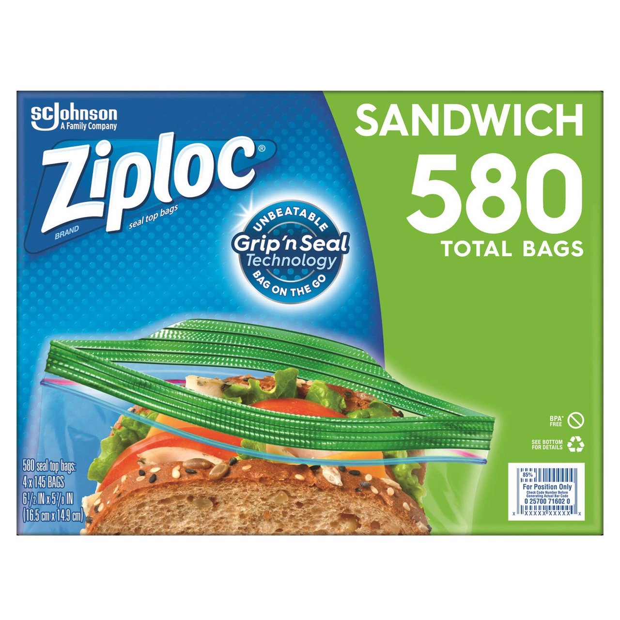 Ziploc Seal Top Sandwich Bags, 145-Count, 4-Pack (580 Total) - Image 1