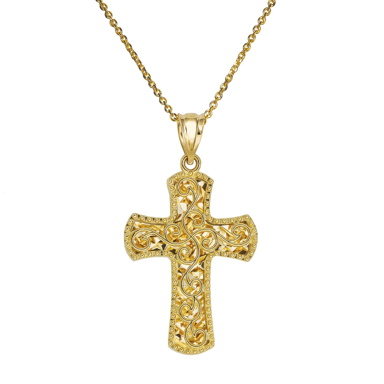 14KT Yellow Gold Filigree Cross Pendant on 18" Cable Chain - Image 1
