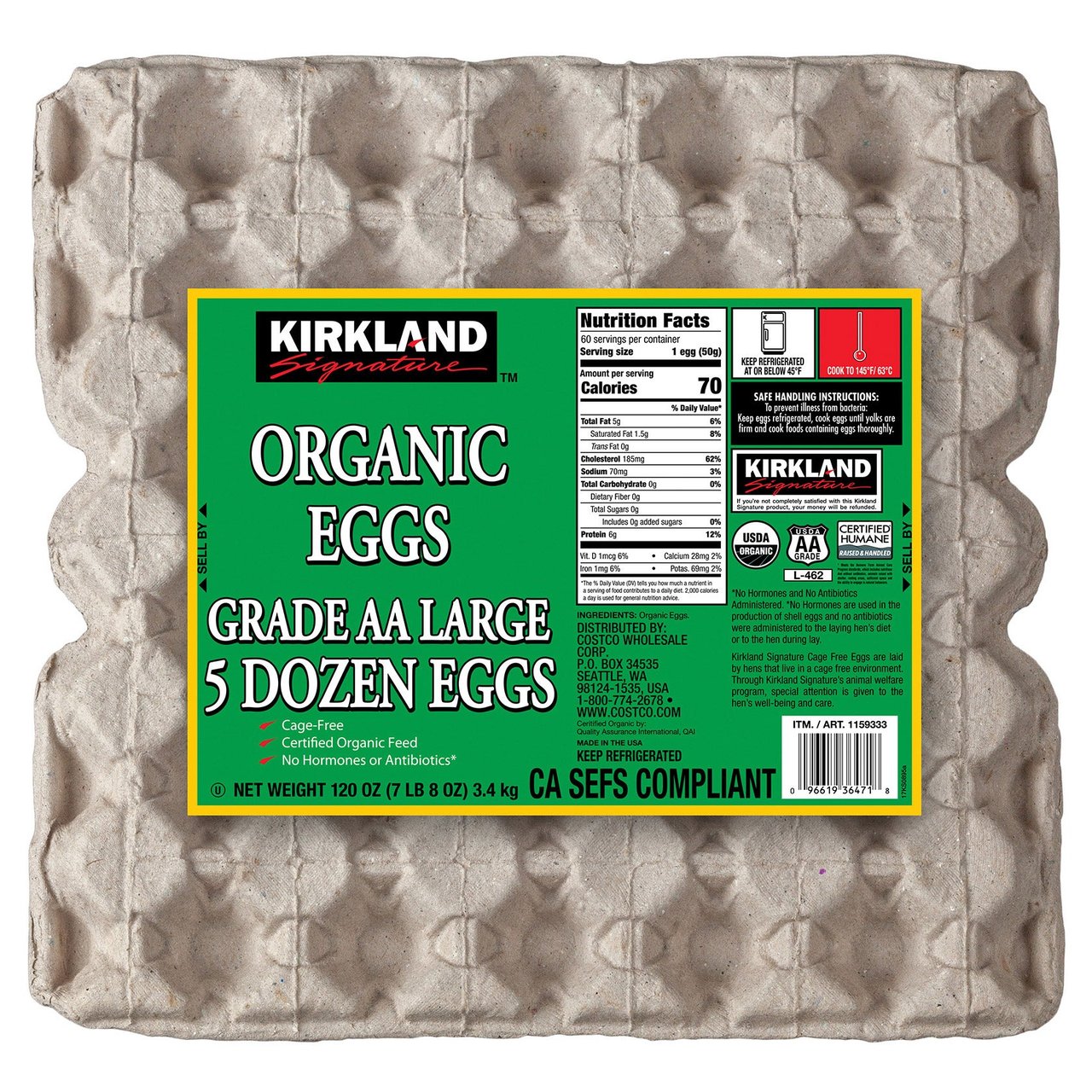 Kirkland Signature Organic USDA Grade AA Large Eggs, 60 Count (5 Dozen) - Image 1