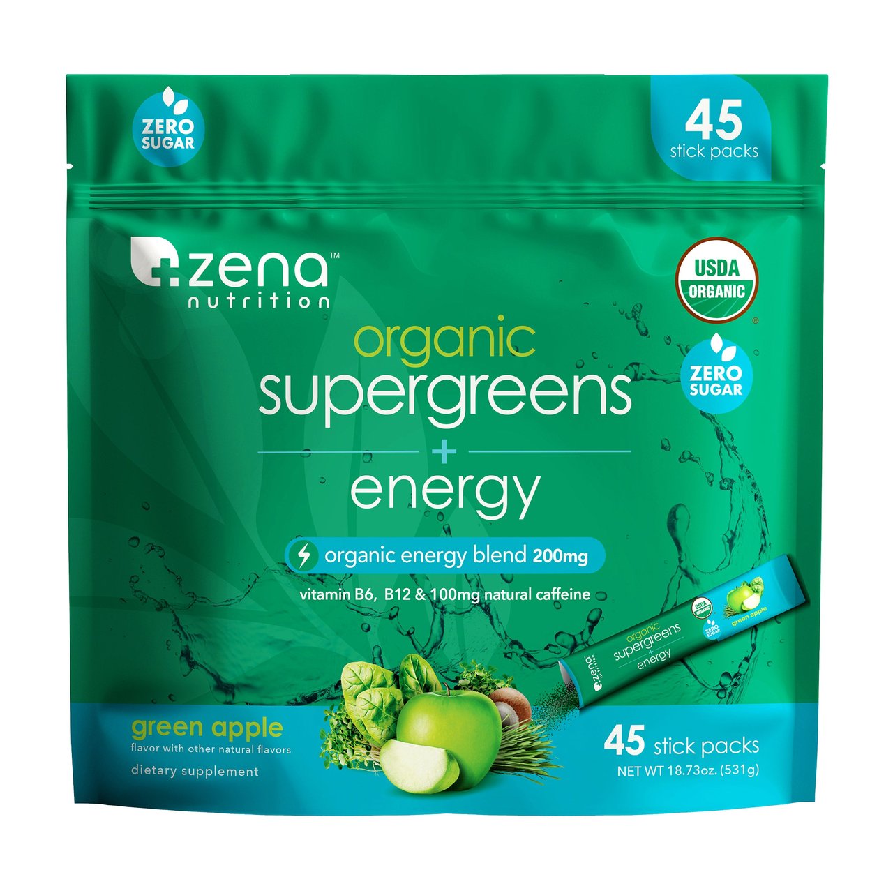 Zena Organic Super Greens + Energy 45-Count Stick Pack - Image 1