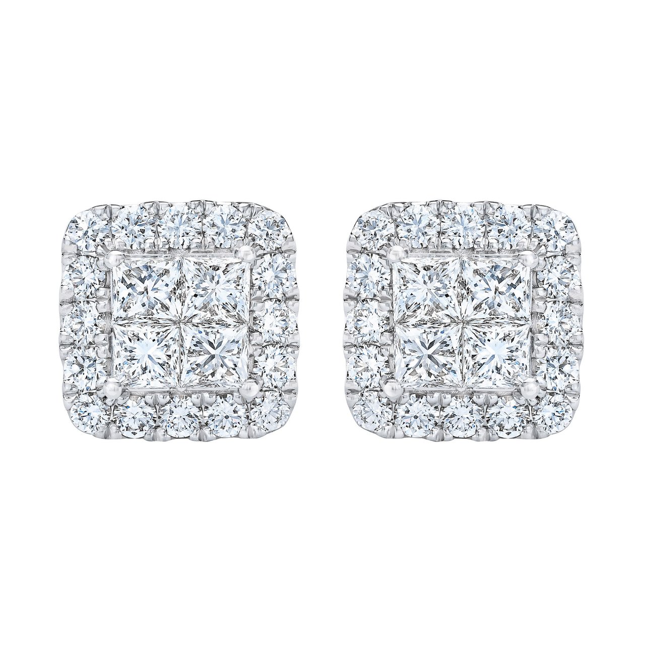 14kt White Gold VS2 G Color 1.50 CTW Princess Cut & Round Brilliant Diamond Stud Earrings - Image 1