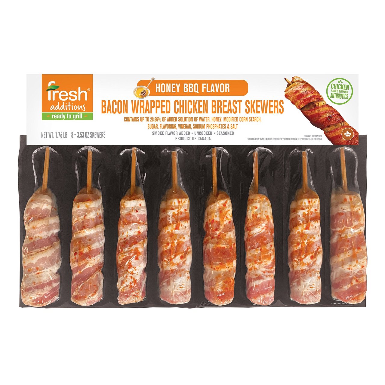 Fresh Additions Honey BBQ Flavor Bacon Wrapped Chicken Breast Skewers, 1.75 lb - Image 1