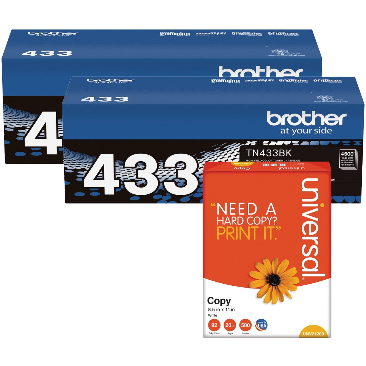Brother TN433BK High-Yield Black Toner Cartridge 2-Pack with Bonus Ream of Paper