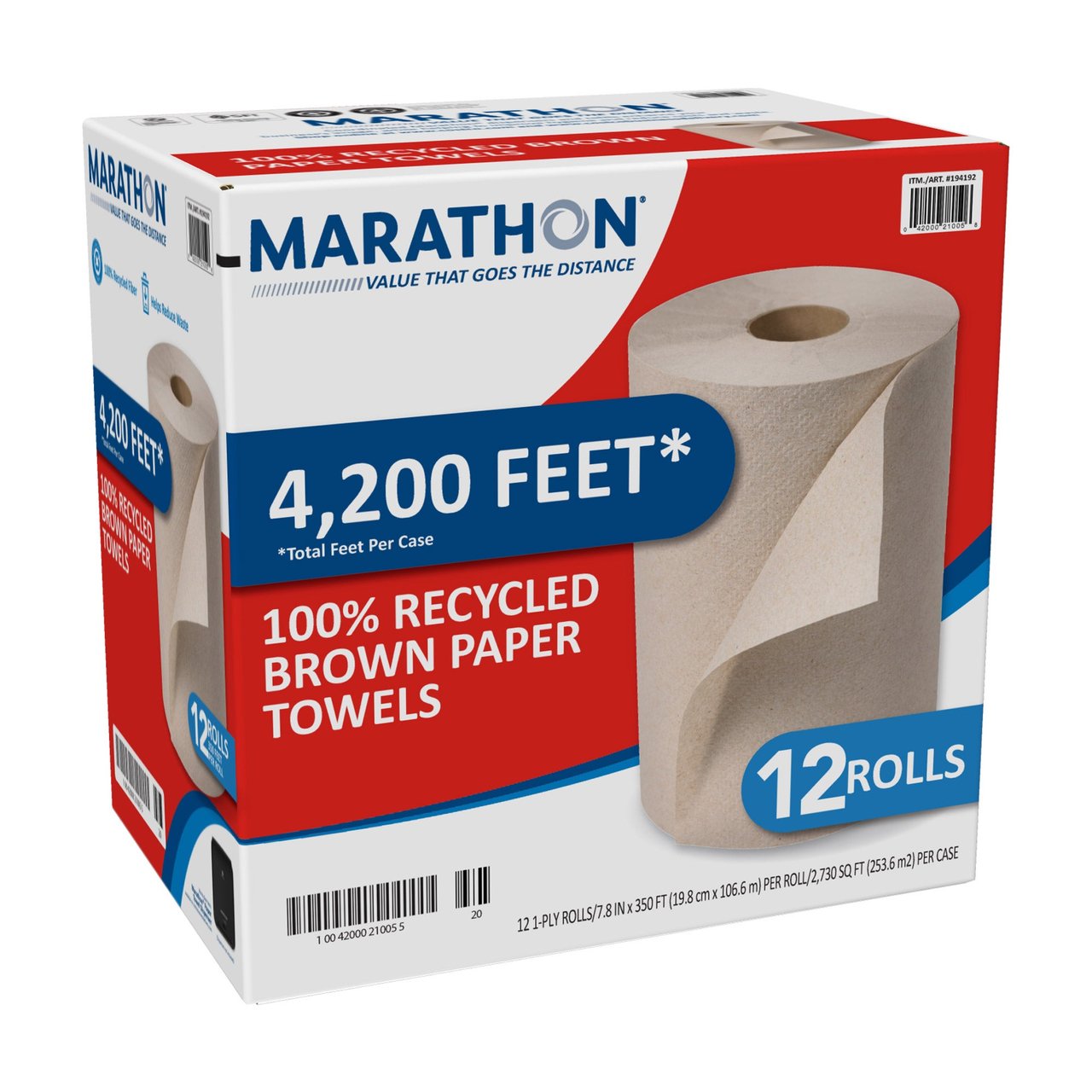 Marathon 100% Recycled Paper Towel, Brown, 1-Ply, 350 ft Rolls, 12-Count - Image 1