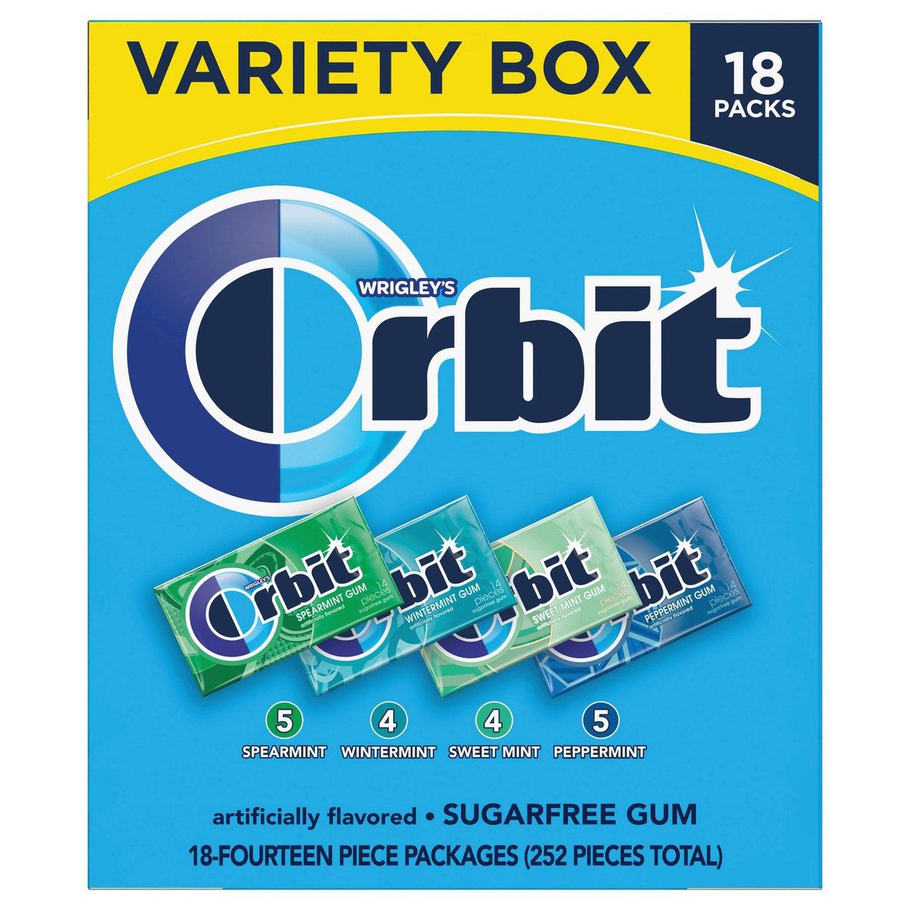 Wrigley's Orbit Sugar Free Chewing Gum Mint Variety Pack, 18 Packs, 14 Pieces Each - Image 1