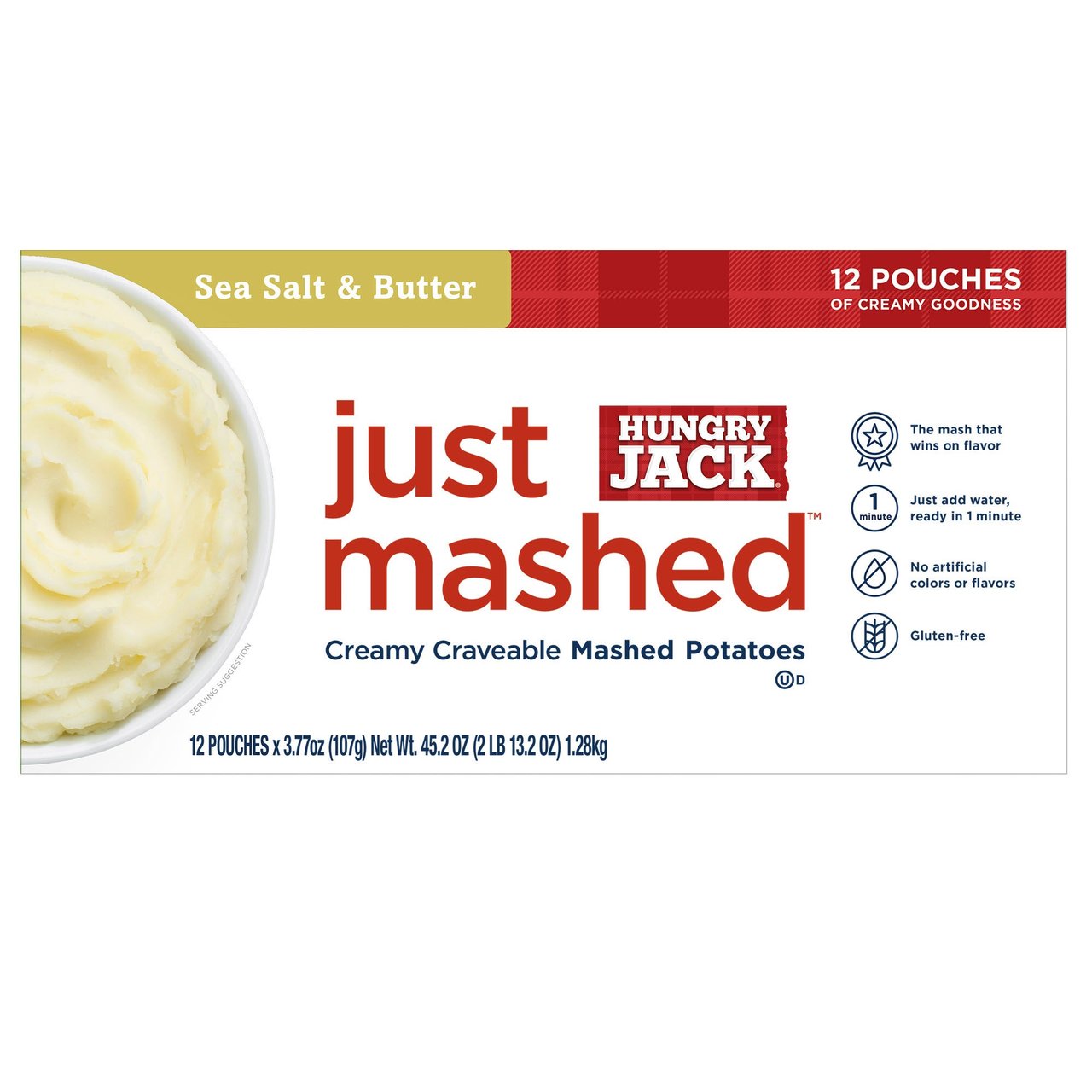 JUST MASHED CREAMY MASHED POTATOES 12/3.77 OZ PUCHES - Image 1
