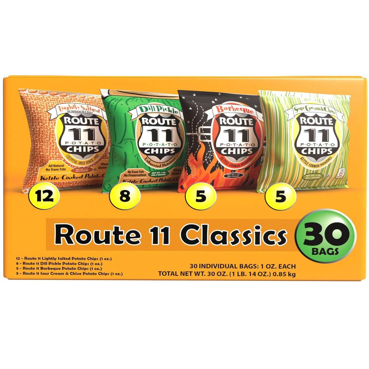 Route 11 Kettle Chip Classics Value Pack, 30 × 1 oz Bags (1.875 lbs)