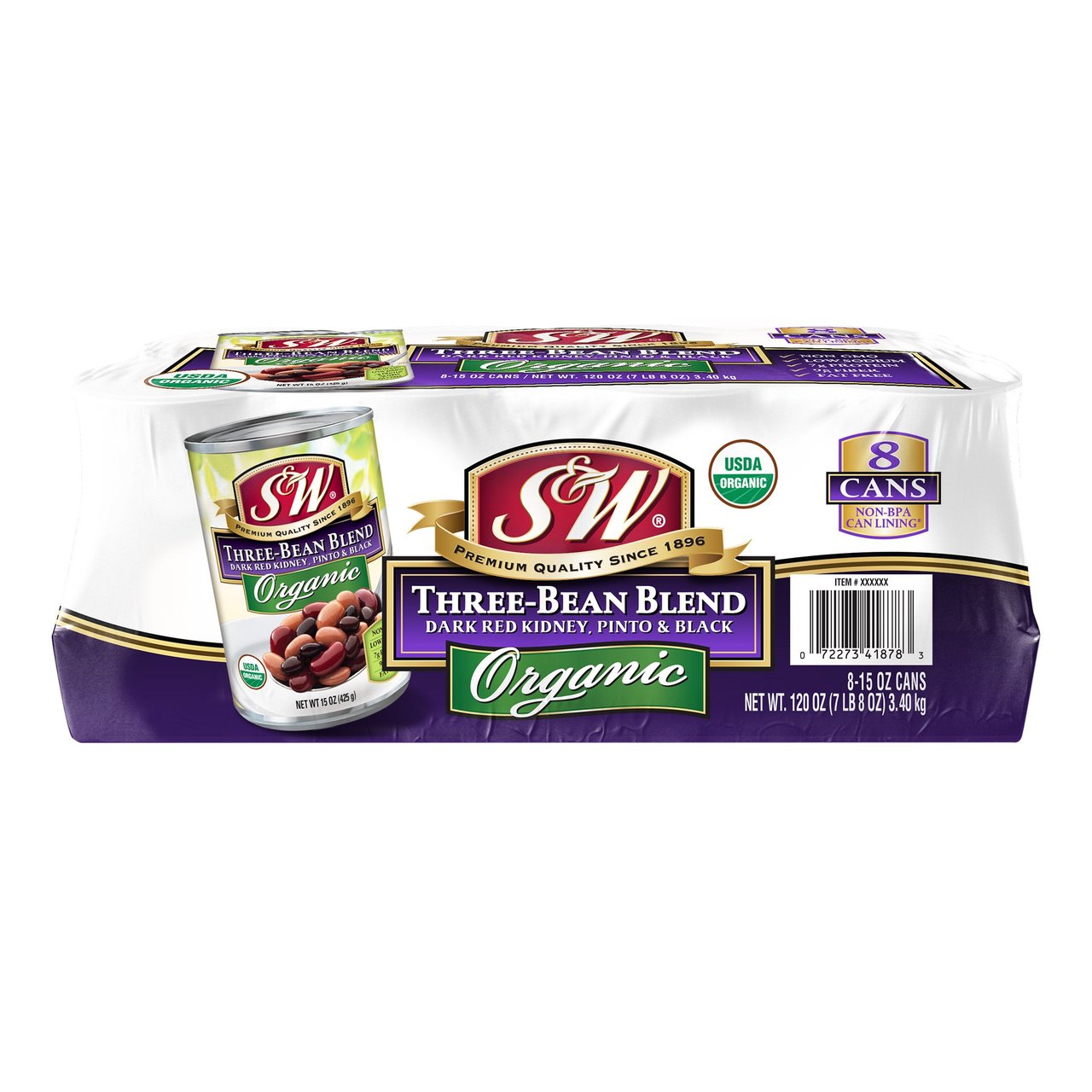 S&W Organic Three Bean Blend, 15 oz, 8-Count - Image 1