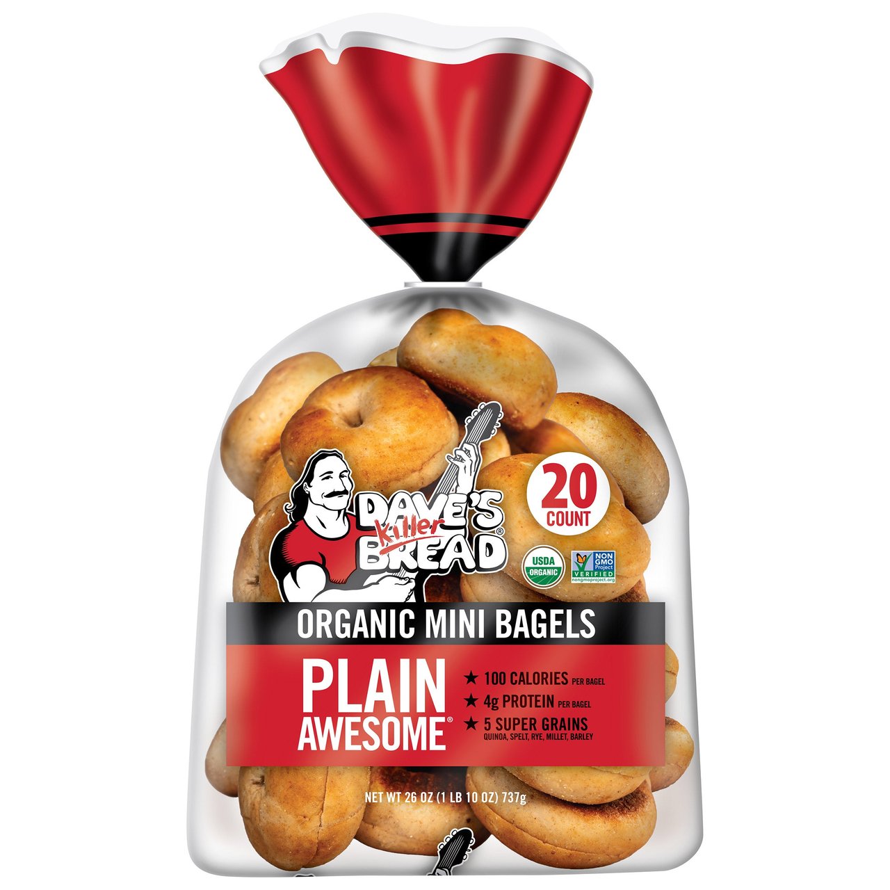 Organic Dave's Killer Bread Plain Awesome Mini Bagels, 20 Count, 26 oz - Image 1