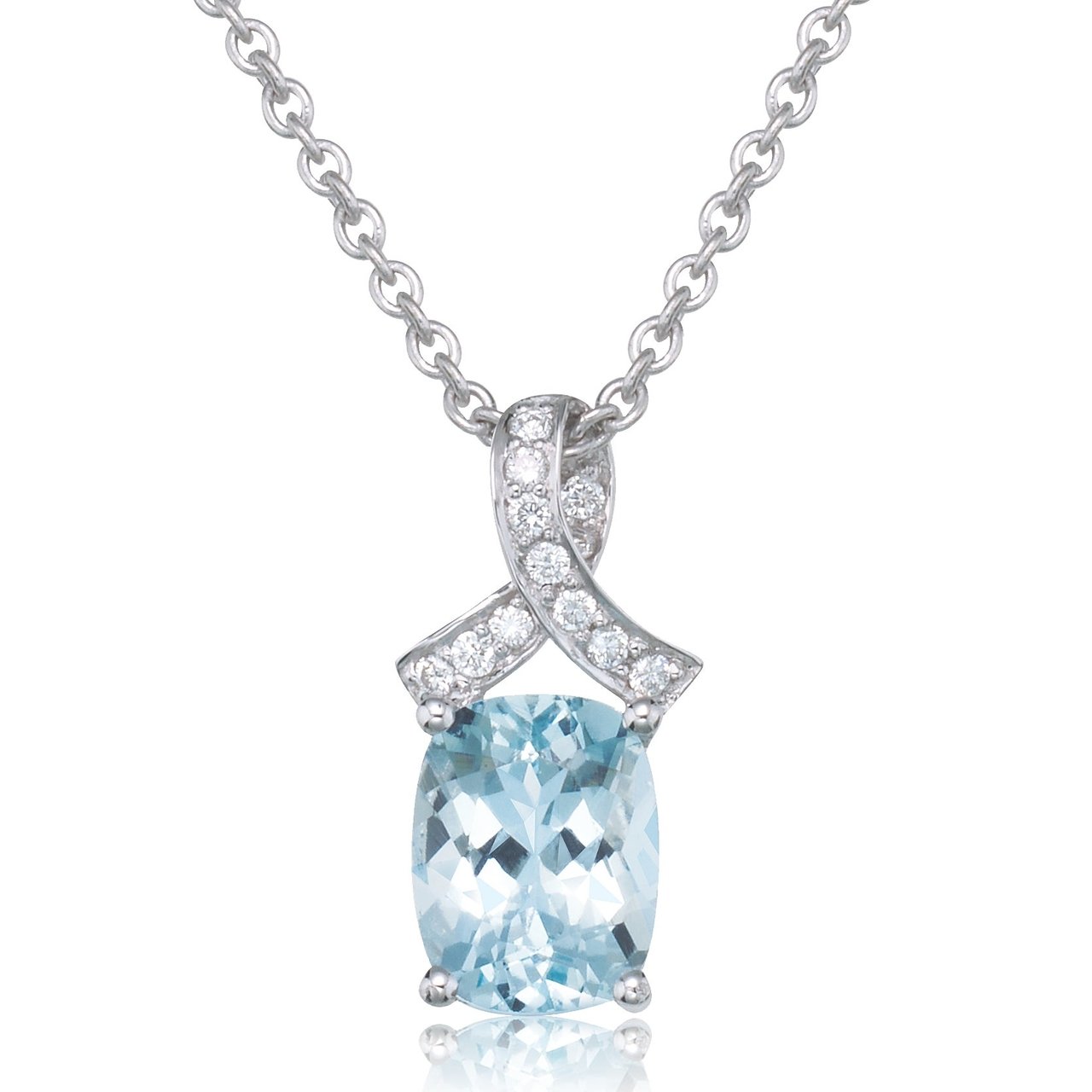 9x7mm Rectangular Cushion-Cut Aquamarine with 0.06 CTW Round Diamond Necklace in 14kt White Gold