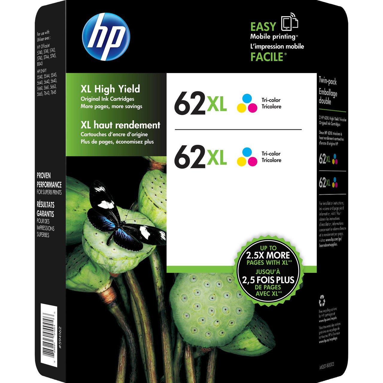 HP 62XL High Capacity Tricolor Ink Cartridge, 2-Pack