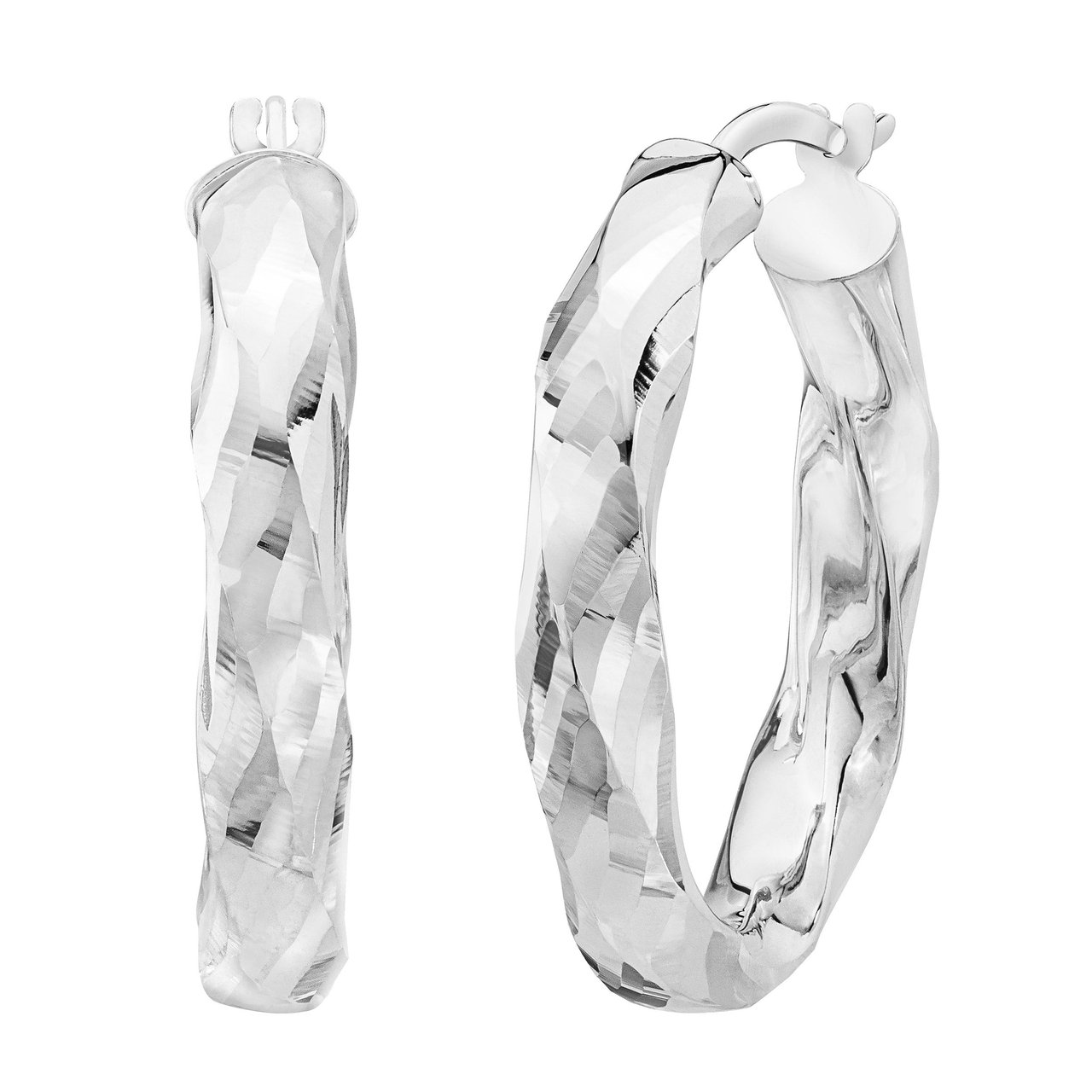 14KT White Gold Diamond Cut Hoop Earrings - Image 1