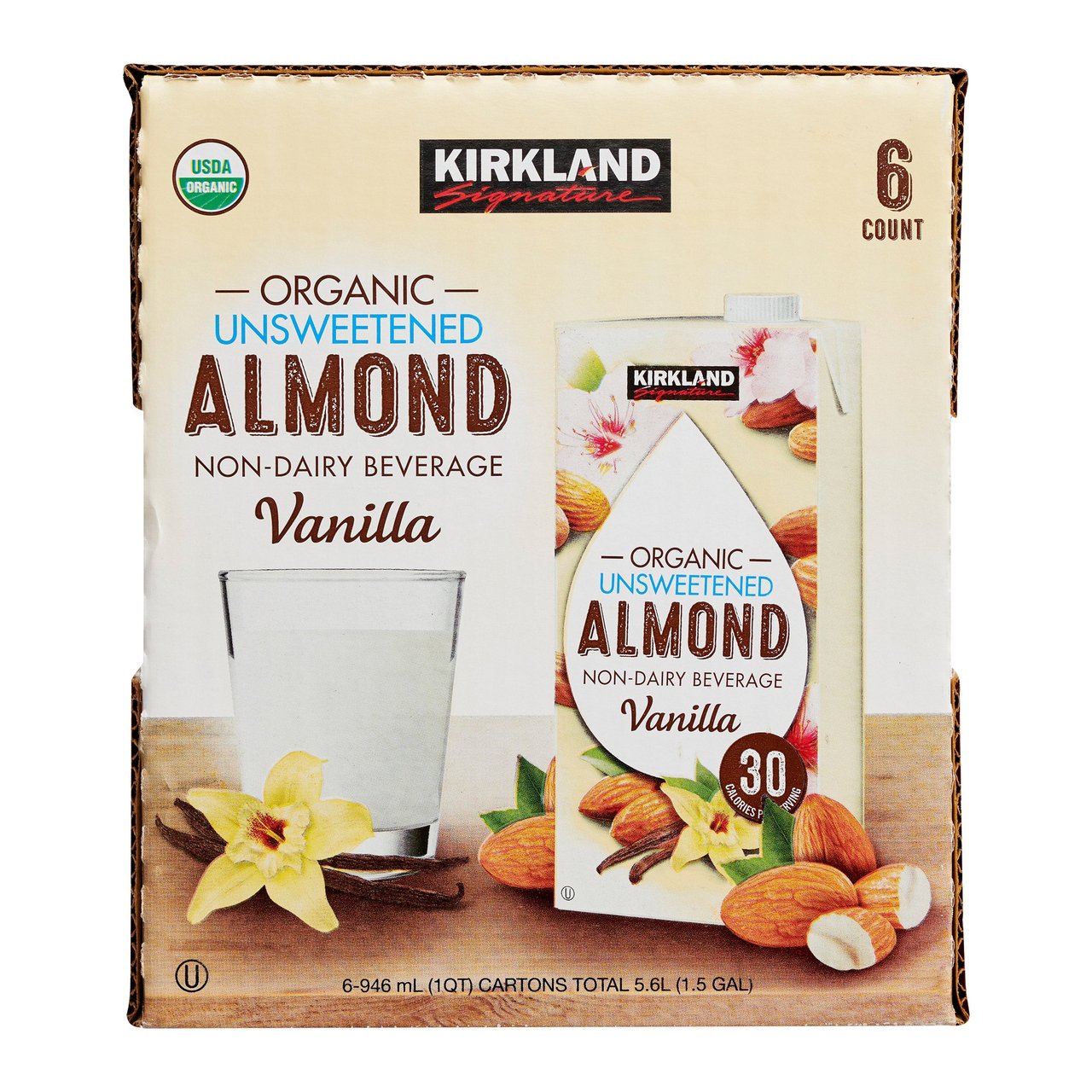 Kirkland Signature Organic Almond Beverage, Vanilla, 32 fl oz, 6-Count - Image 1