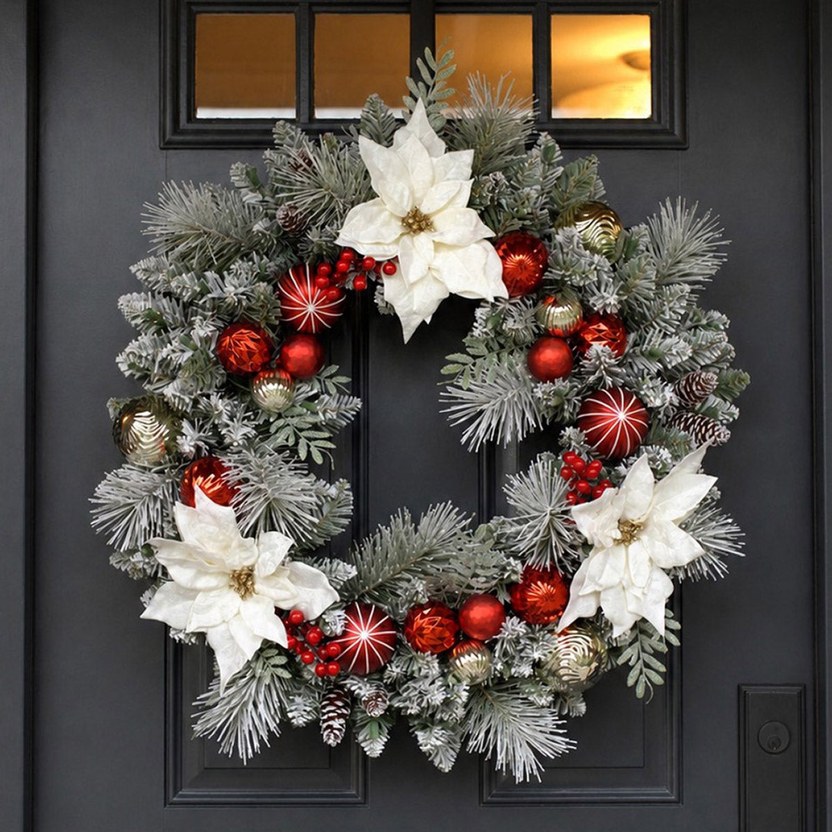 30" Pre-Lit Flocked Poinsettia Wreath, White - Image 1