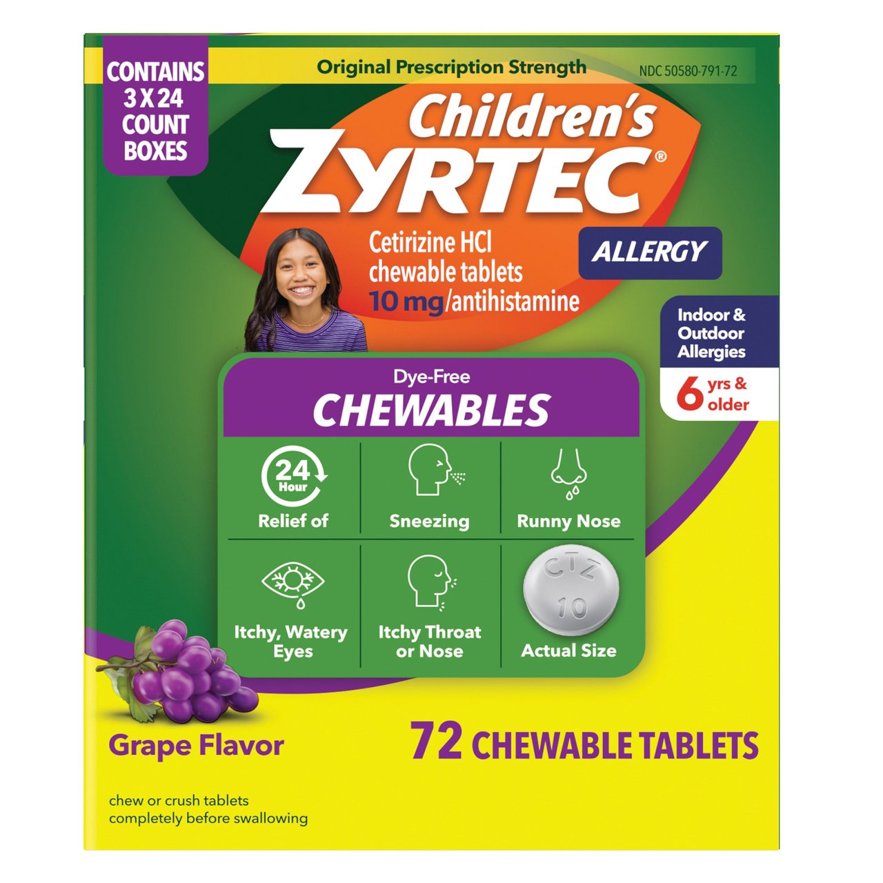Children's Zyrtec Chewable Tablets 10mg Dye-Free 72CT - Image 1