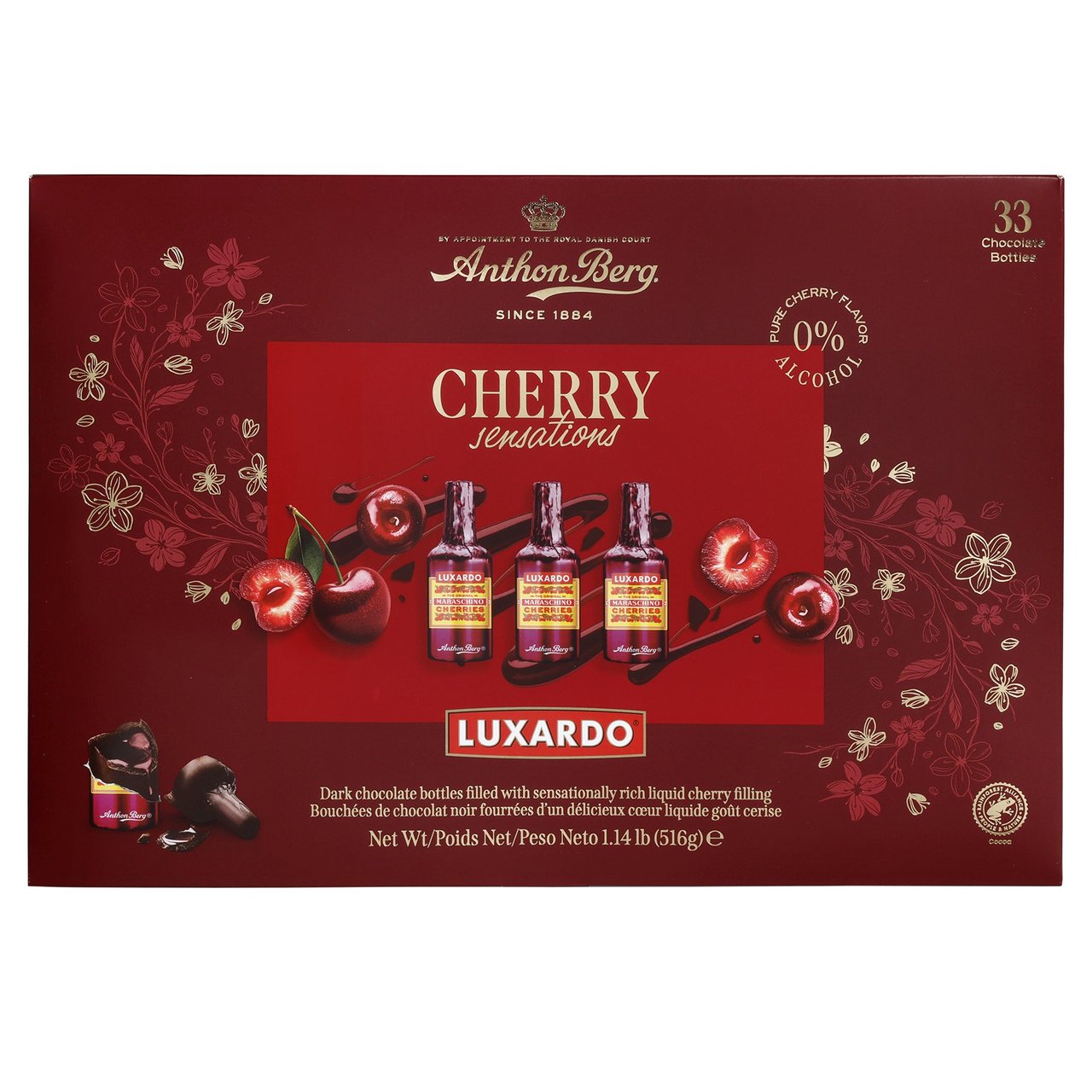 Anthon Berg Luxardo Cherry Filled Chocolate Bottles, 33-Count Box