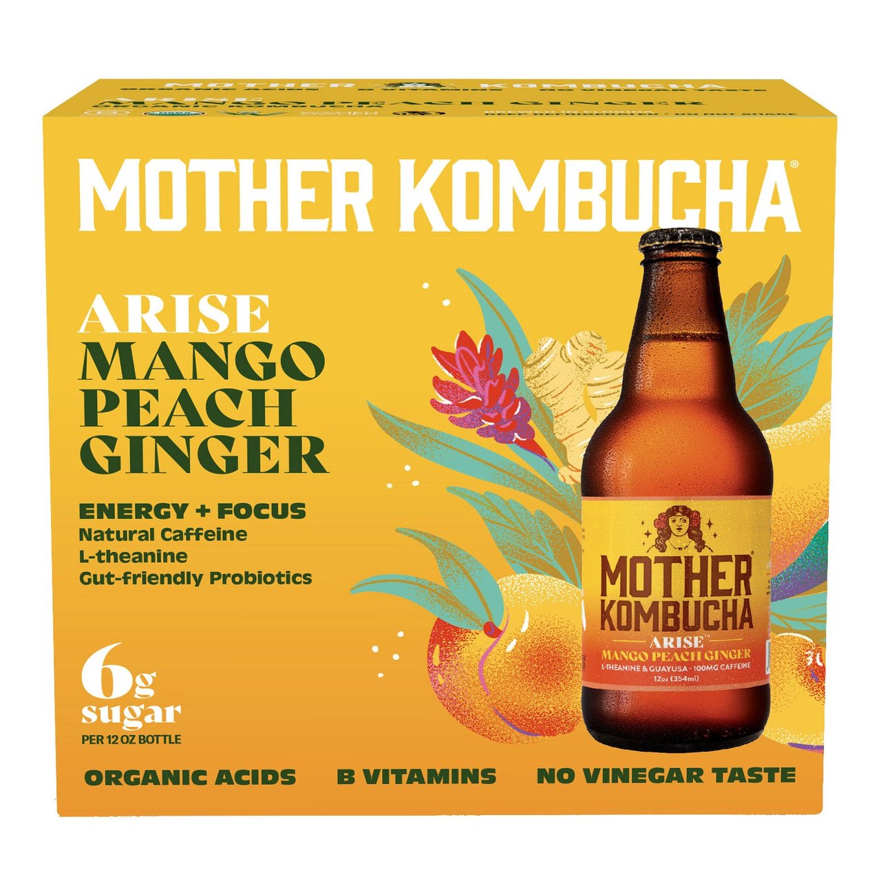 Mother Kombucha Organic Arise Mango Peach Ginger 6/12 oz - Image 1