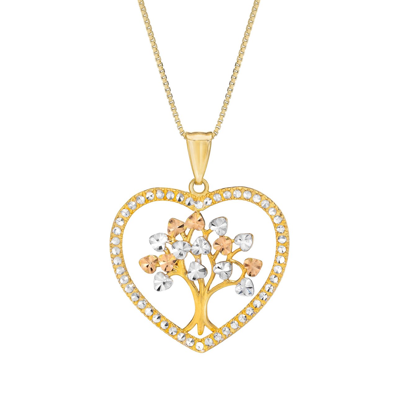 14KT Tri-Color Gold Tree of Life Heart 18" Pendant - Image 1