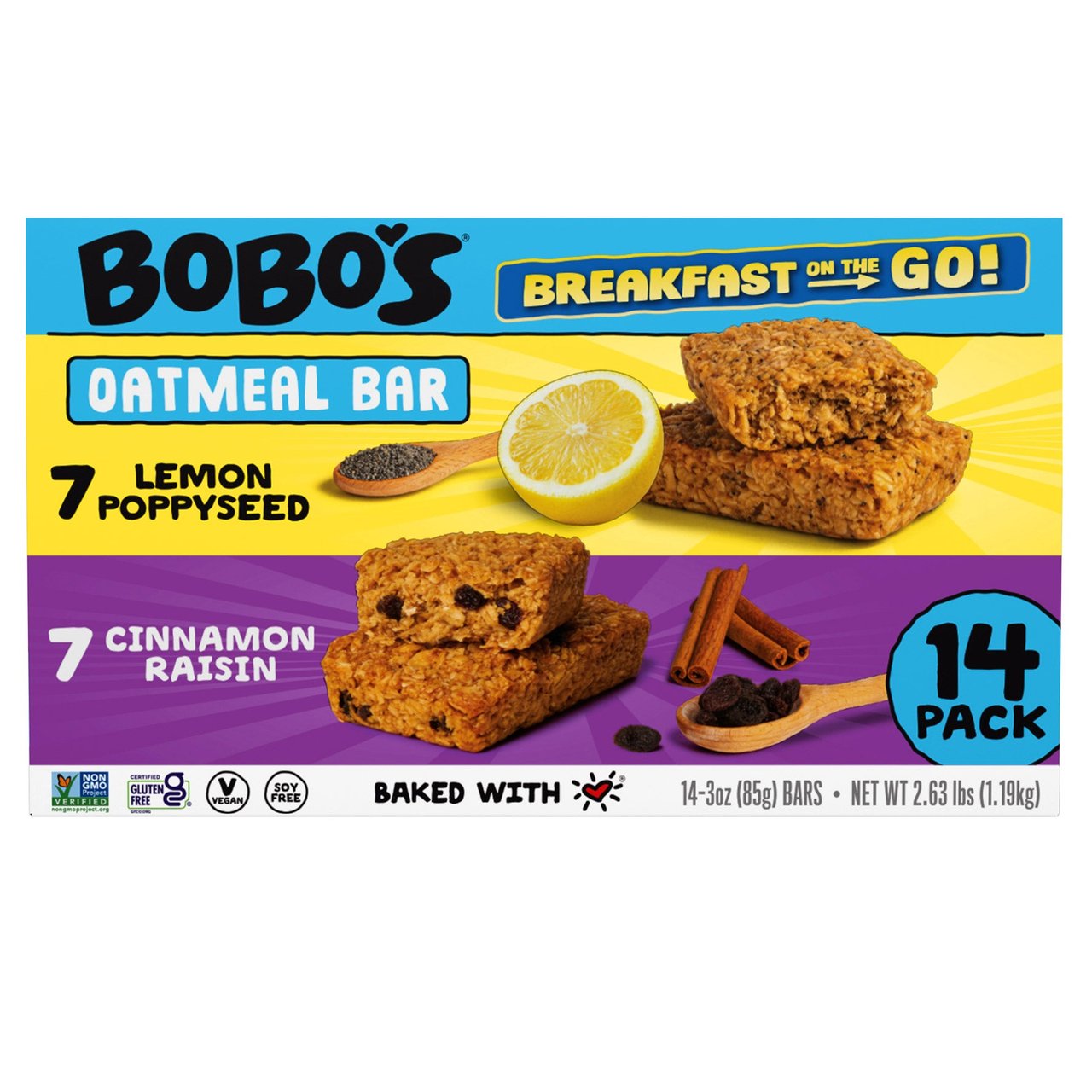 Bobo's Oatmeal Bars Lemon Poppyseed & Cinnamon Raisin 14-Pack (3 oz Each) - Image 1